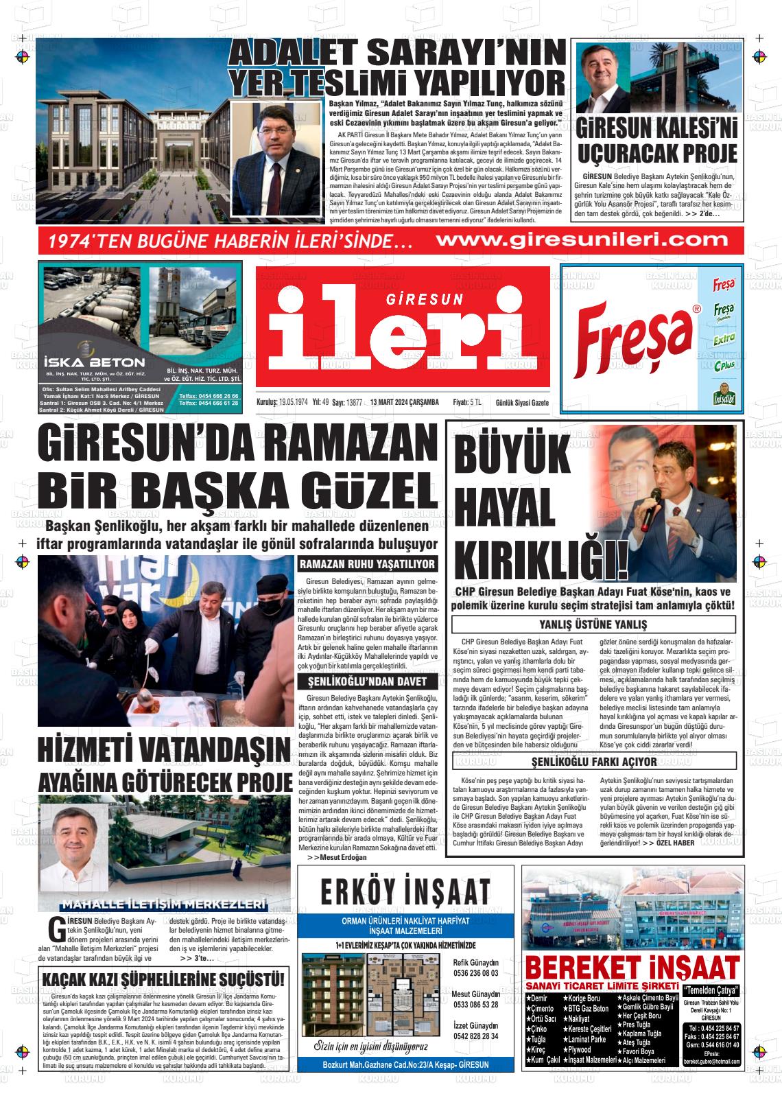 13 Mart 2024 Giresun İleri Gazete Manşeti