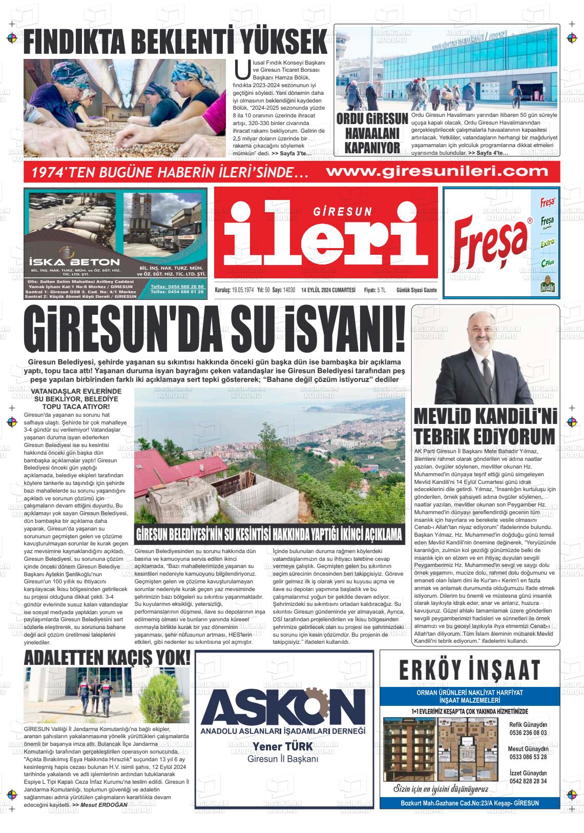 14 Eylül 2024 Giresun İleri Gazete Manşeti