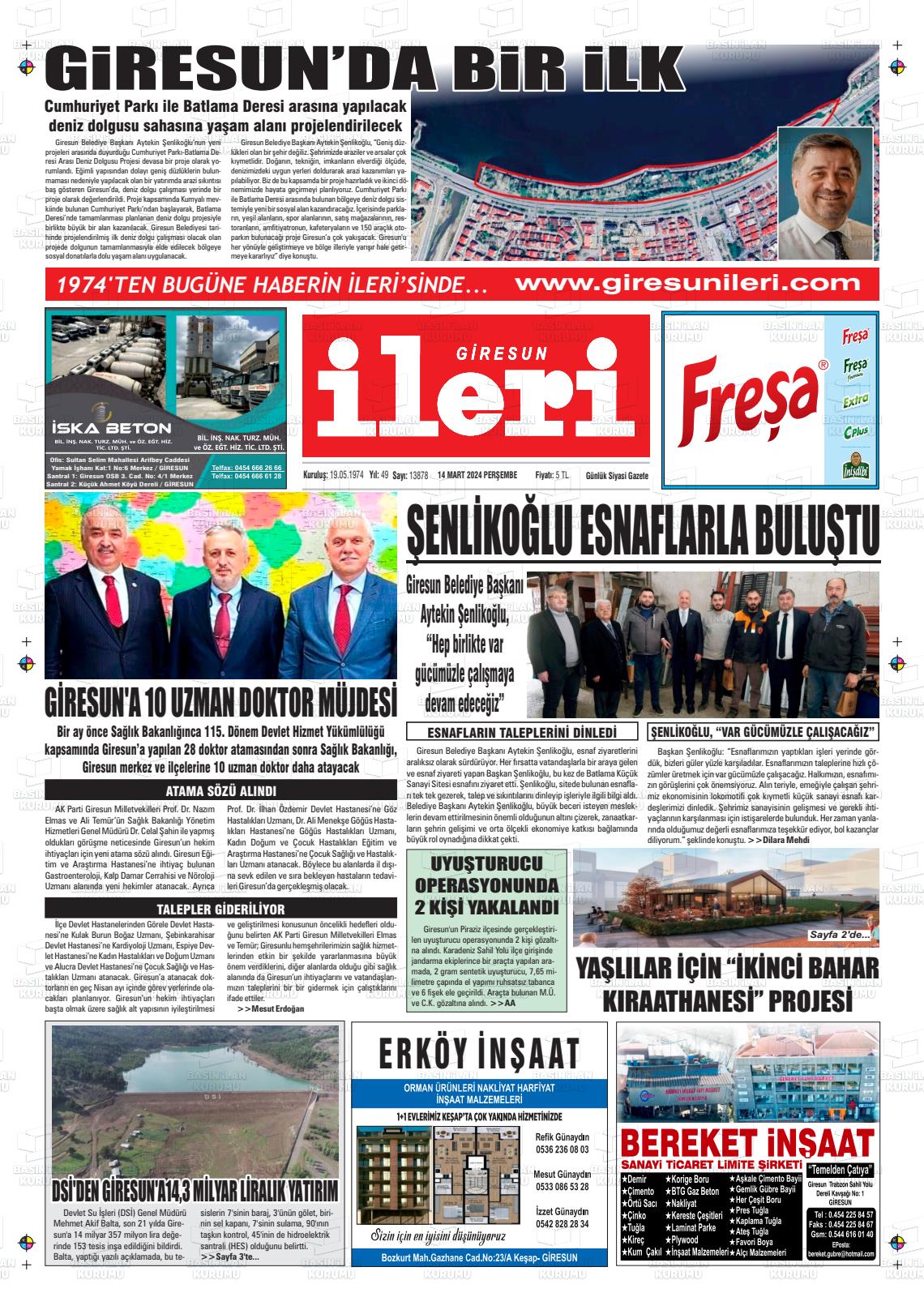 14 Mart 2024 Giresun İleri Gazete Manşeti