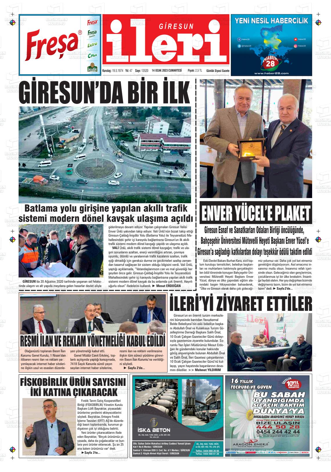 14 Ocak 2023 Giresun İleri Gazete Manşeti