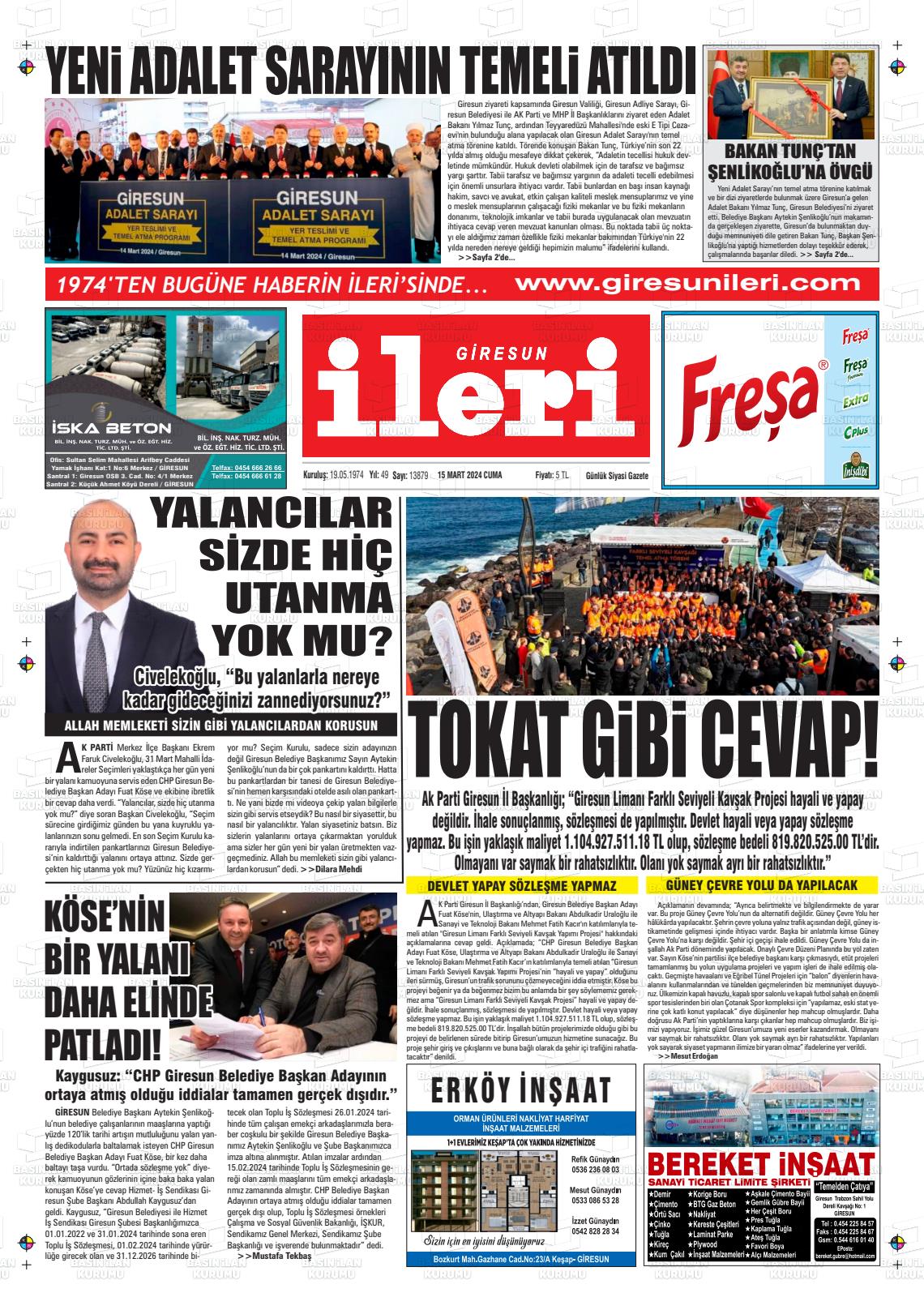 15 Mart 2024 Giresun İleri Gazete Manşeti