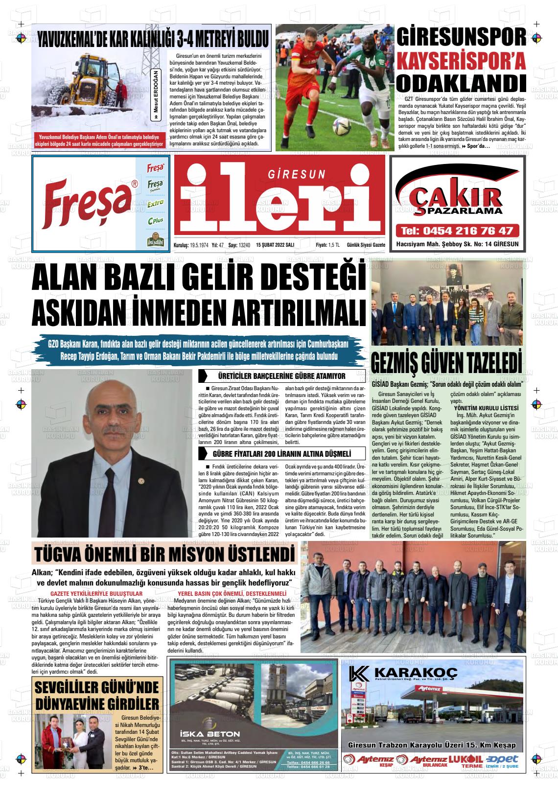 15 Şubat 2022 Giresun İleri Gazete Manşeti