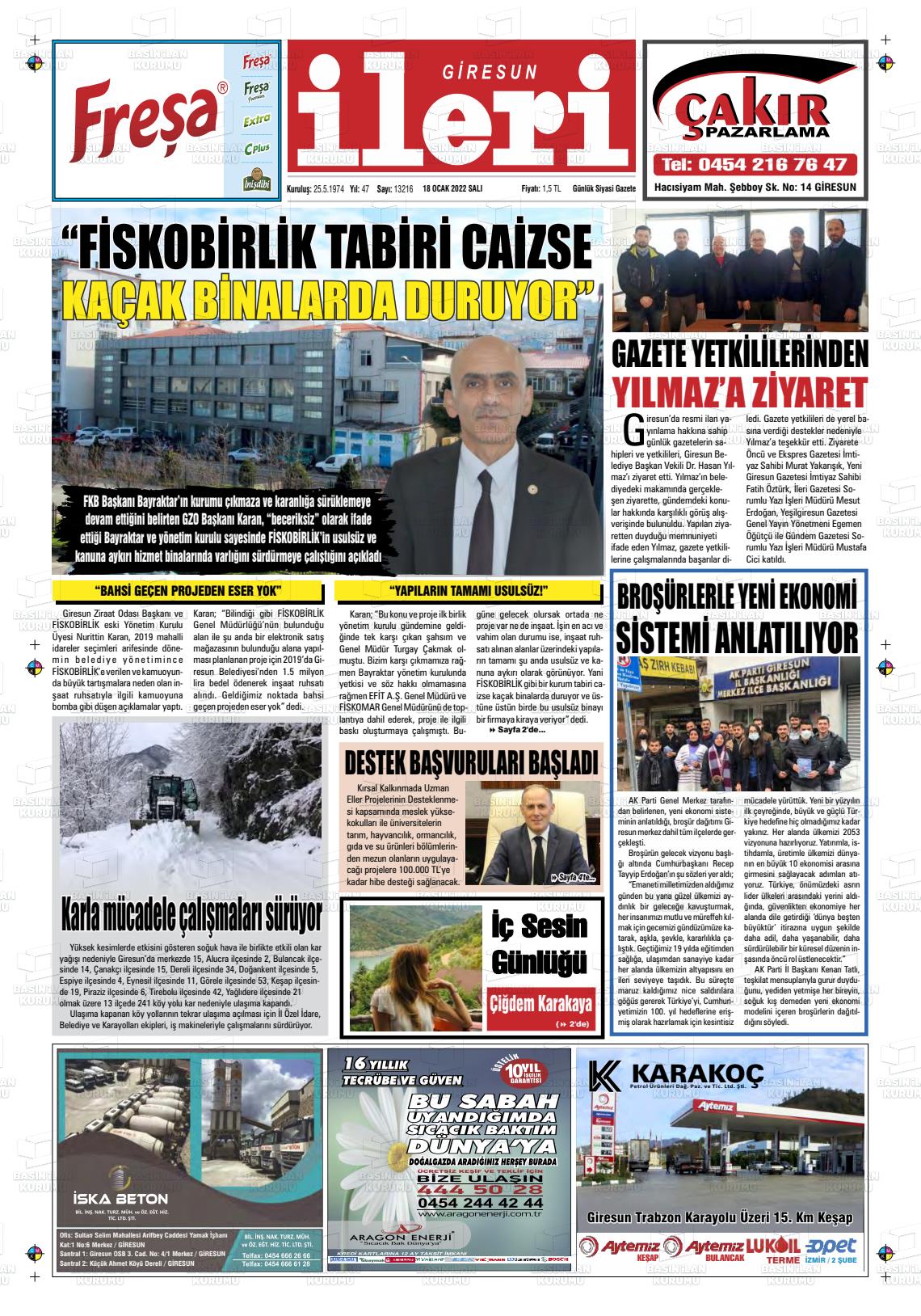 18 Ocak 2022 Giresun İleri Gazete Manşeti