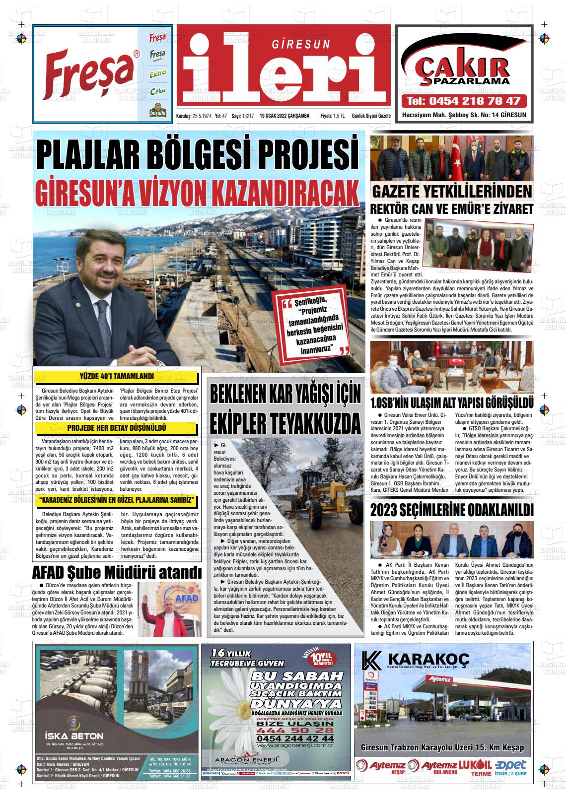 19 Ocak 2022 Giresun İleri Gazete Manşeti