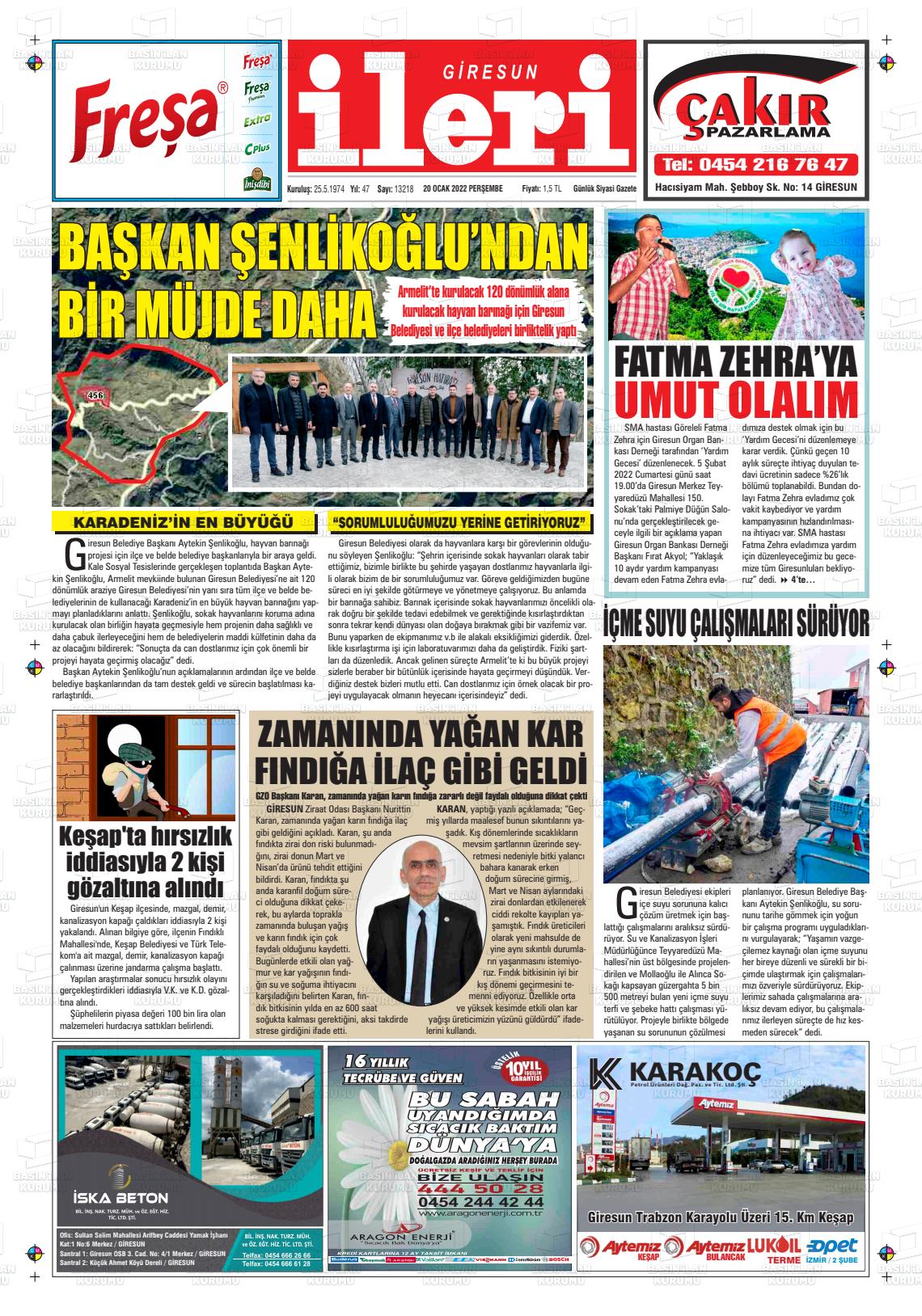 20 Ocak 2022 Giresun İleri Gazete Manşeti