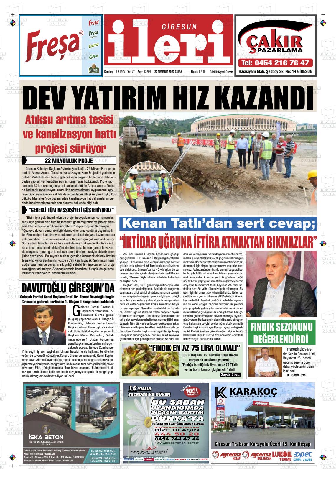 22 Temmuz 2022 Giresun İleri Gazete Manşeti