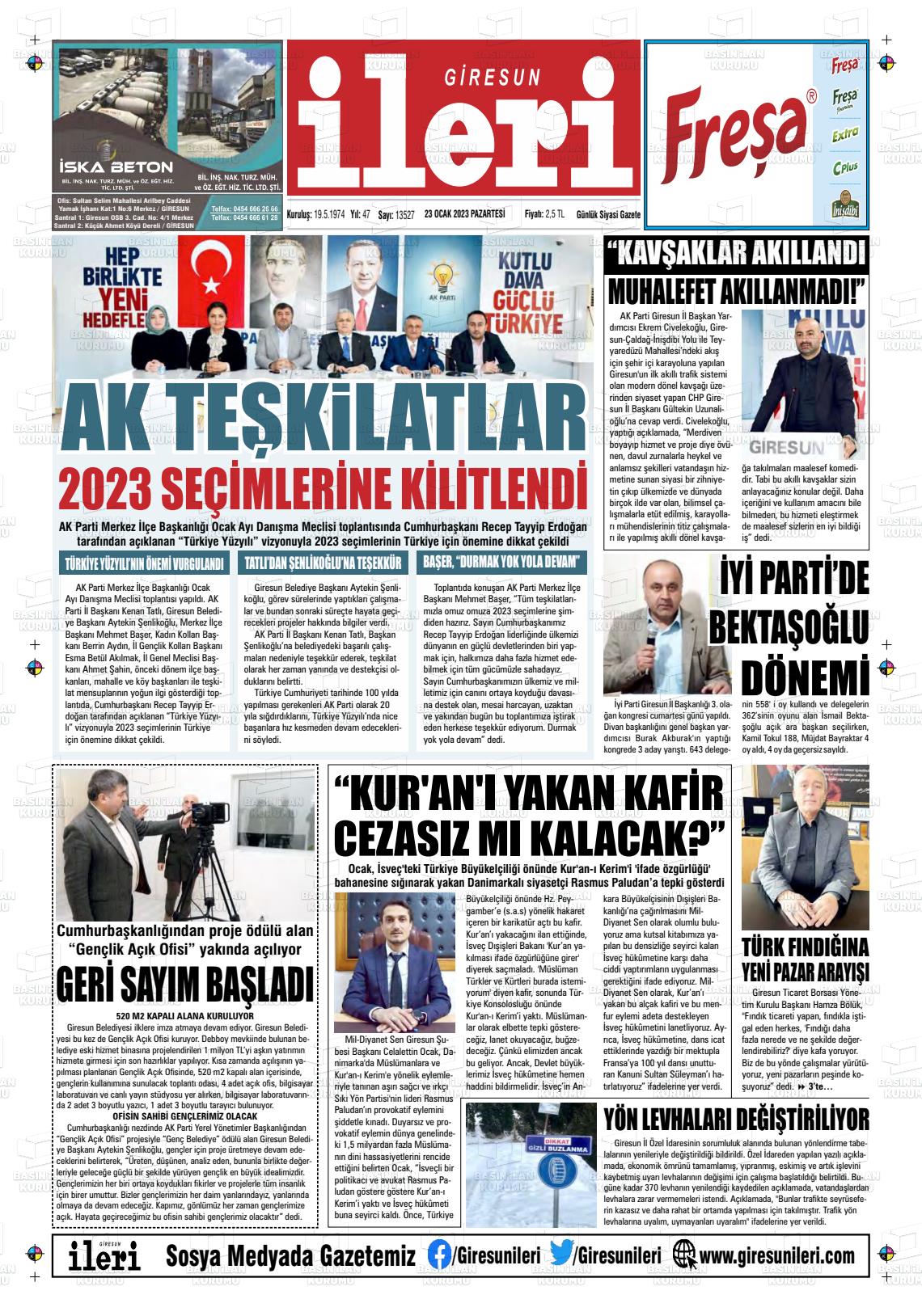 23 Ocak 2023 Giresun İleri Gazete Manşeti