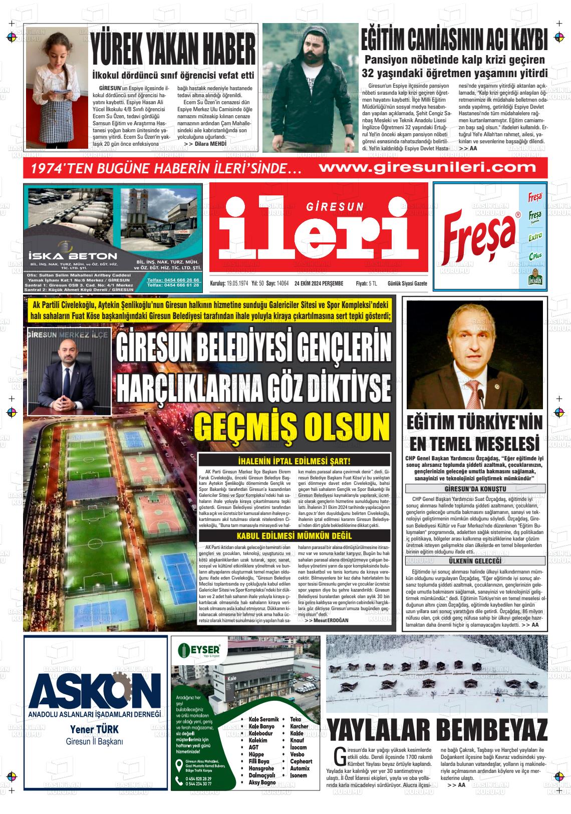 24 Ekim 2024 Giresun İleri Gazete Manşeti