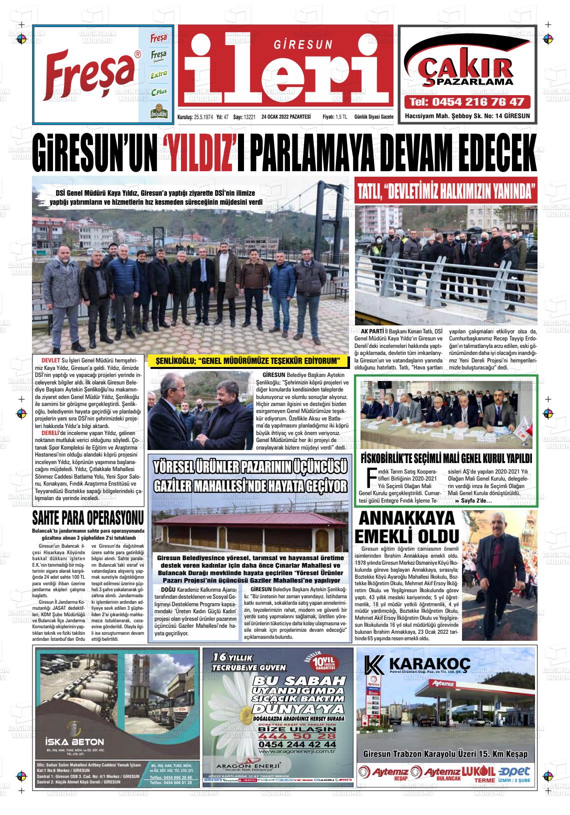 24 Ocak 2022 Giresun İleri Gazete Manşeti