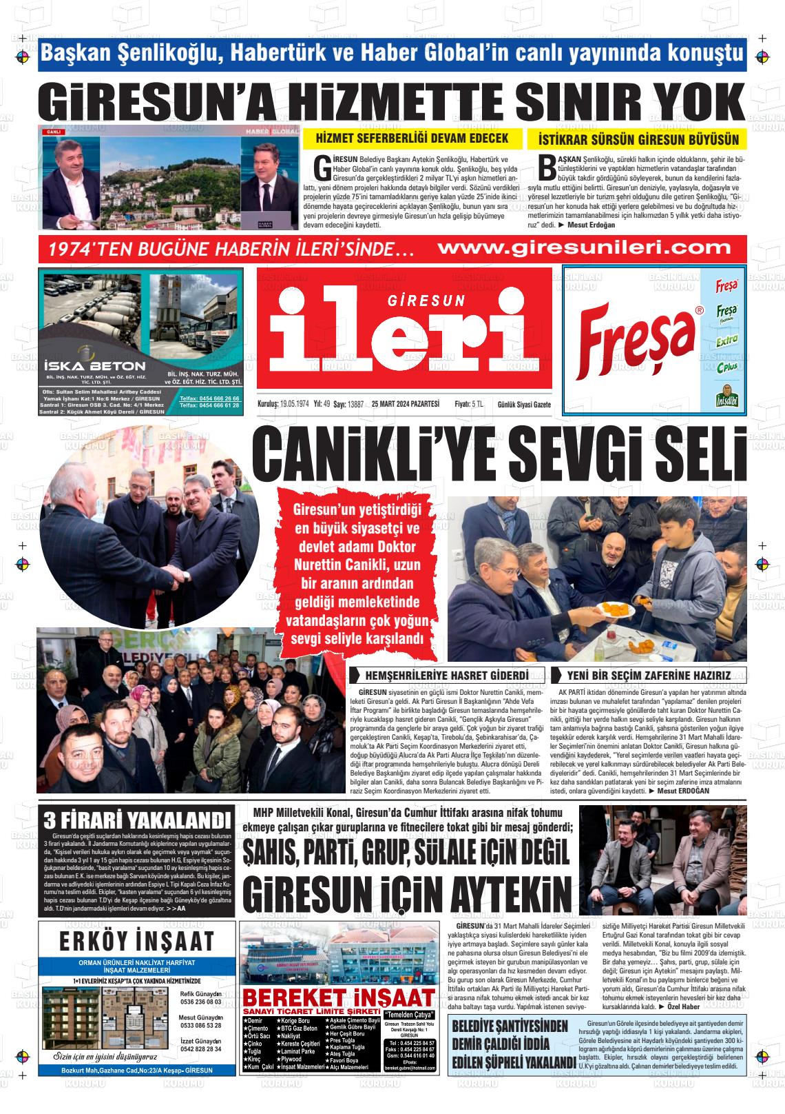 25 Mart 2024 Giresun İleri Gazete Manşeti