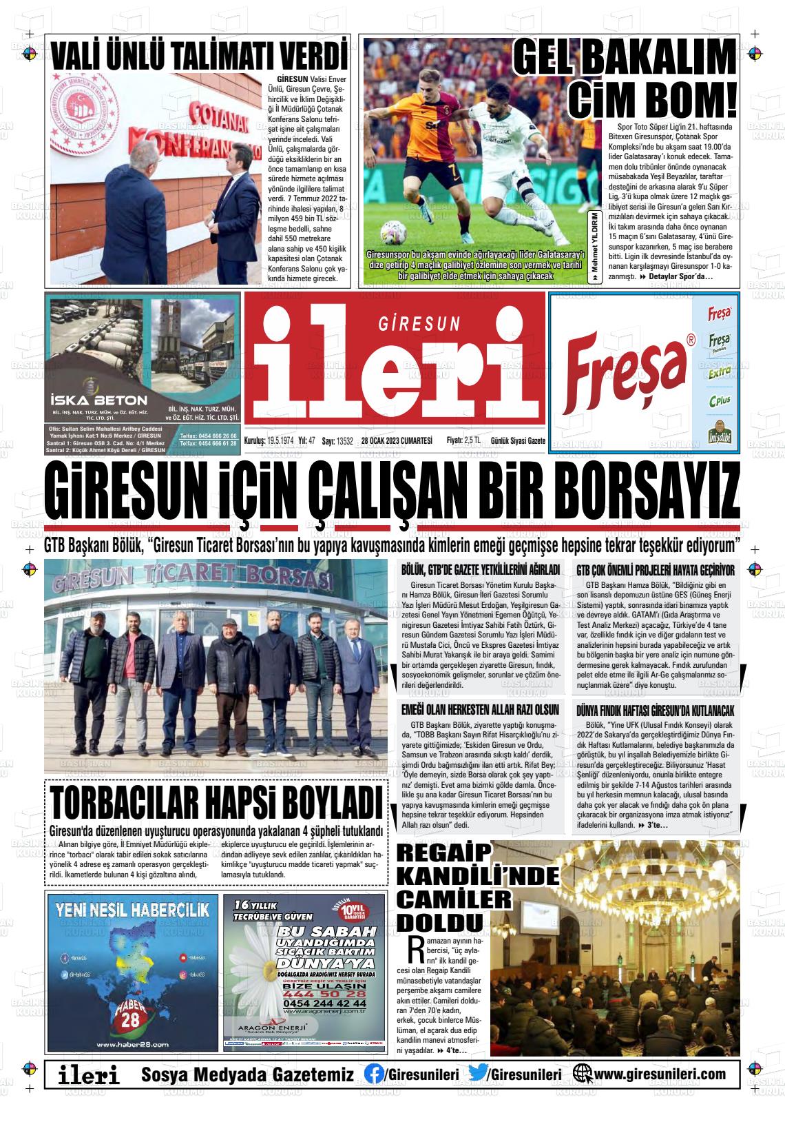 28 Ocak 2023 Giresun İleri Gazete Manşeti