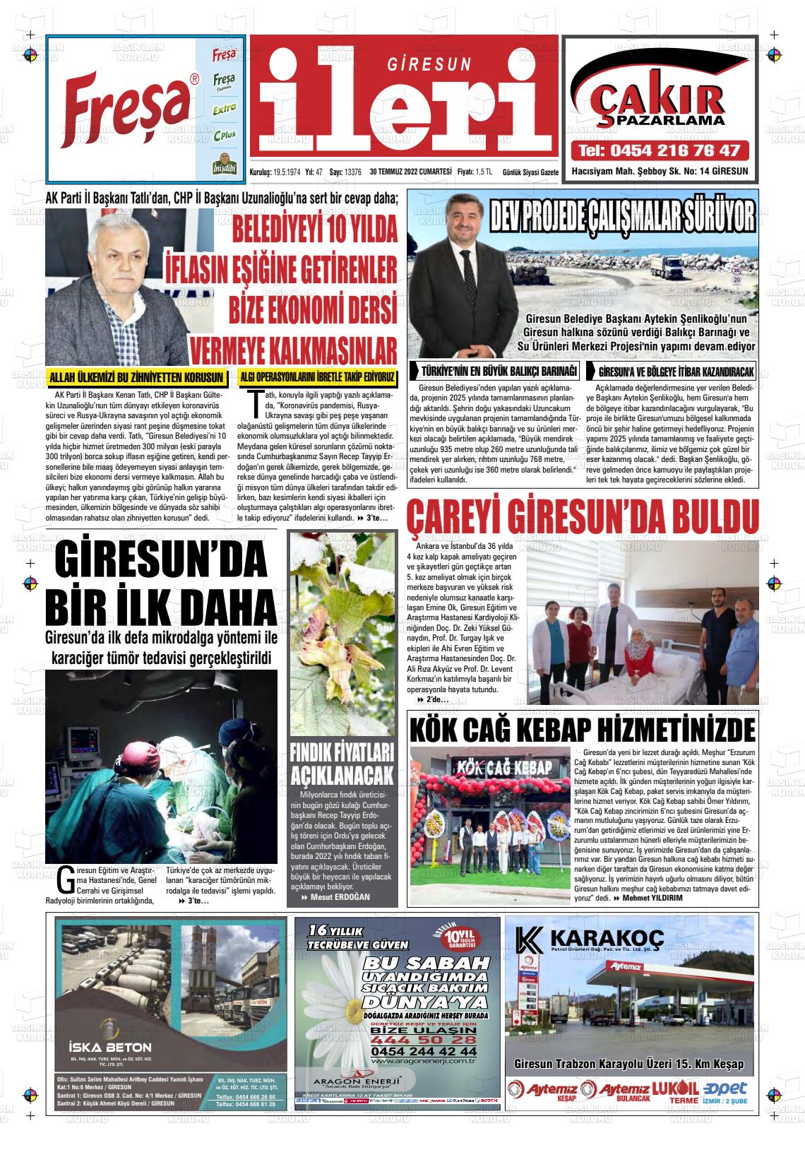 30 Temmuz 2022 Giresun İleri Gazete Manşeti