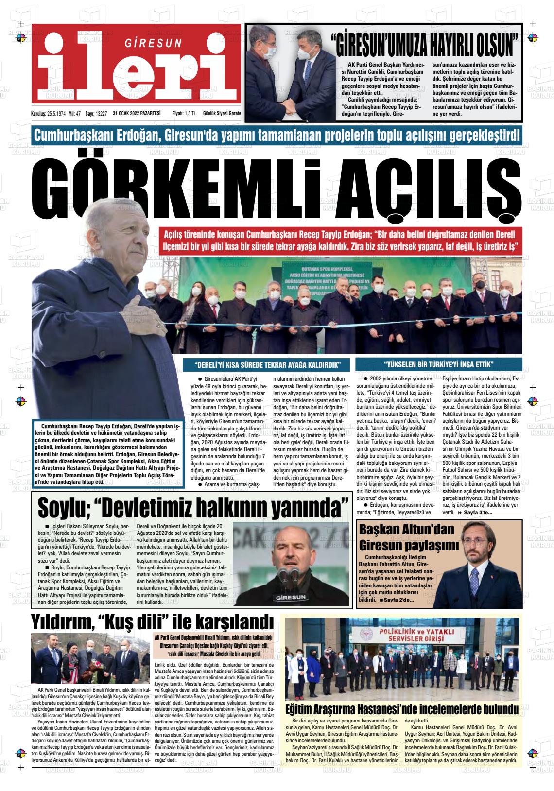 31 Ocak 2022 Giresun İleri Gazete Manşeti