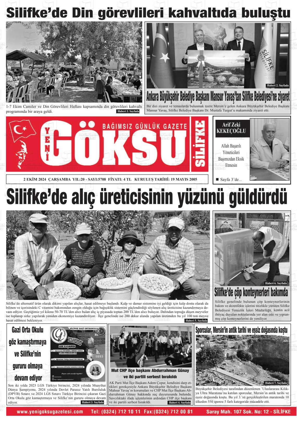 02 Ekim 2024 YENİ GÖKSU GAZETESİ Gazete Manşeti