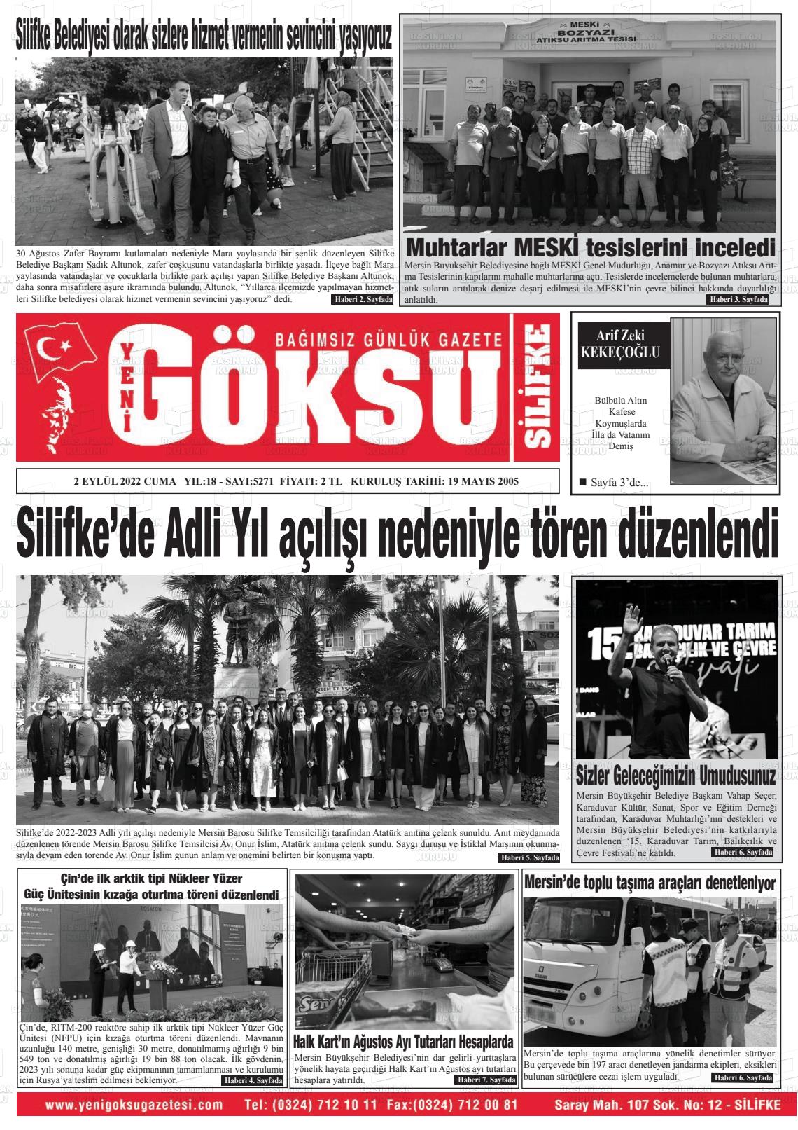 02 Eylül 2022 YENİ GÖKSU GAZETESİ Gazete Manşeti