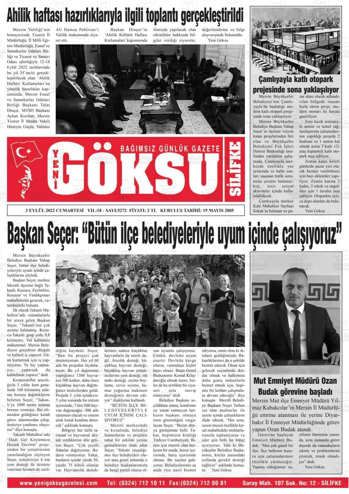 03 Eylül 2022 YENİ GÖKSU GAZETESİ Gazete Manşeti