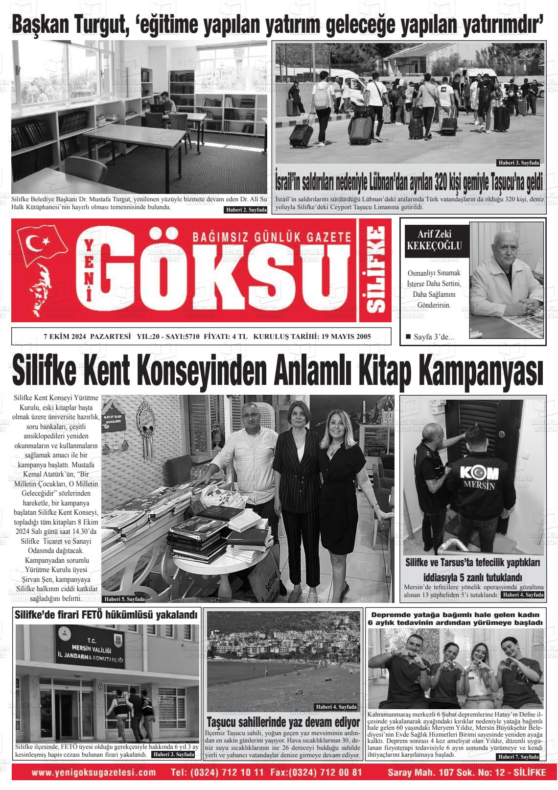 07 Ekim 2024 YENİ GÖKSU GAZETESİ Gazete Manşeti