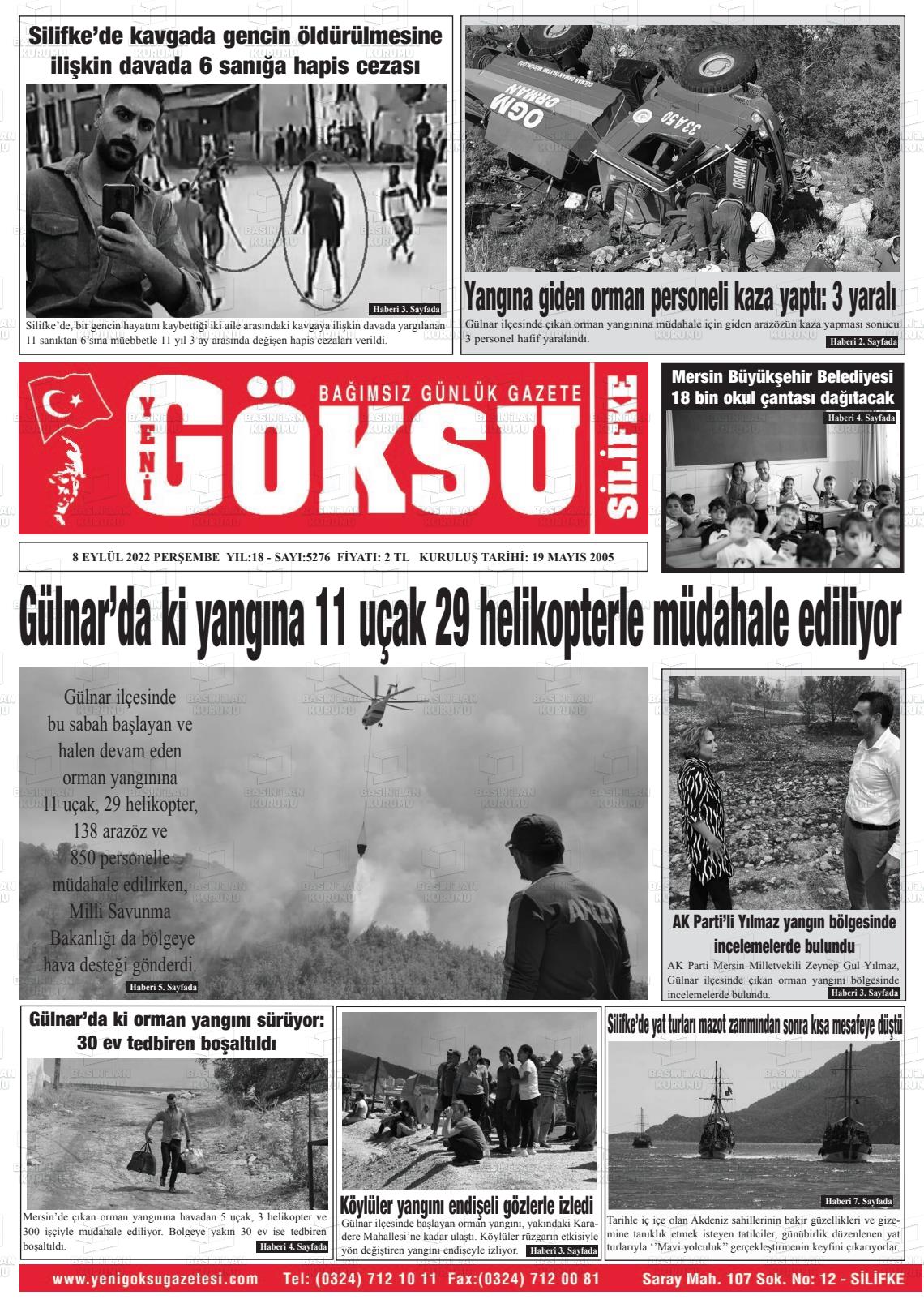 08 Eylül 2022 YENİ GÖKSU GAZETESİ Gazete Manşeti