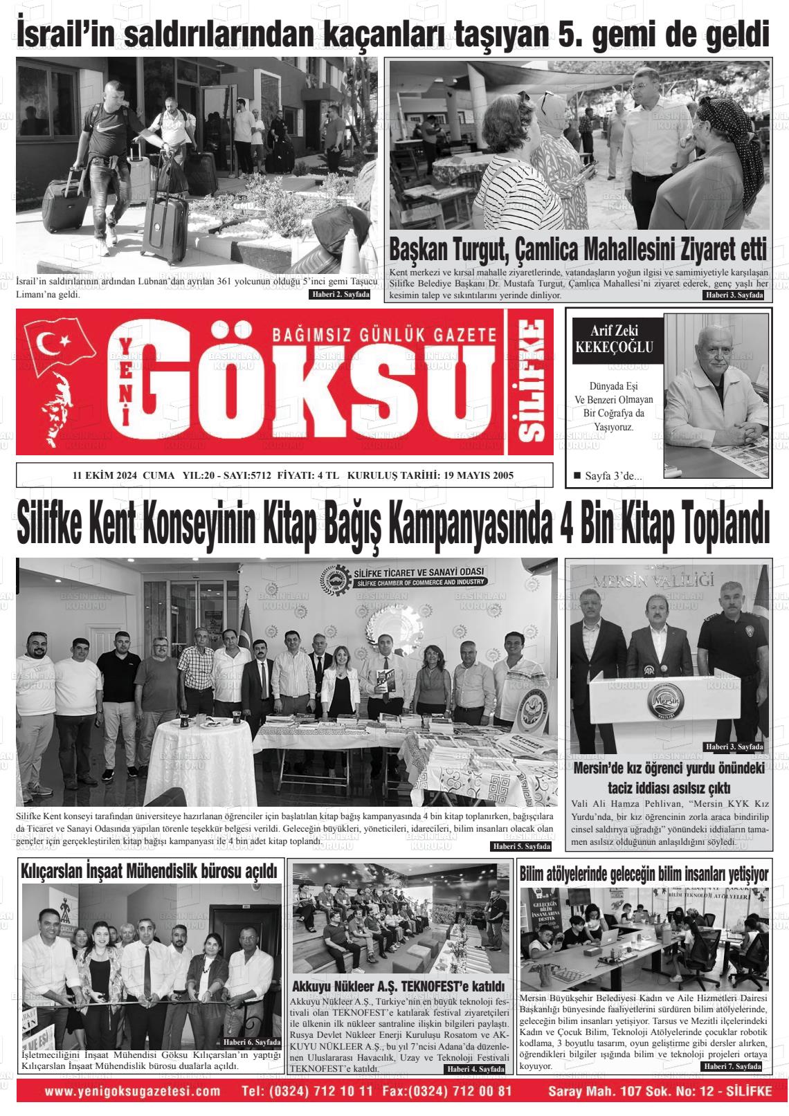 11 Ekim 2024 YENİ GÖKSU GAZETESİ Gazete Manşeti