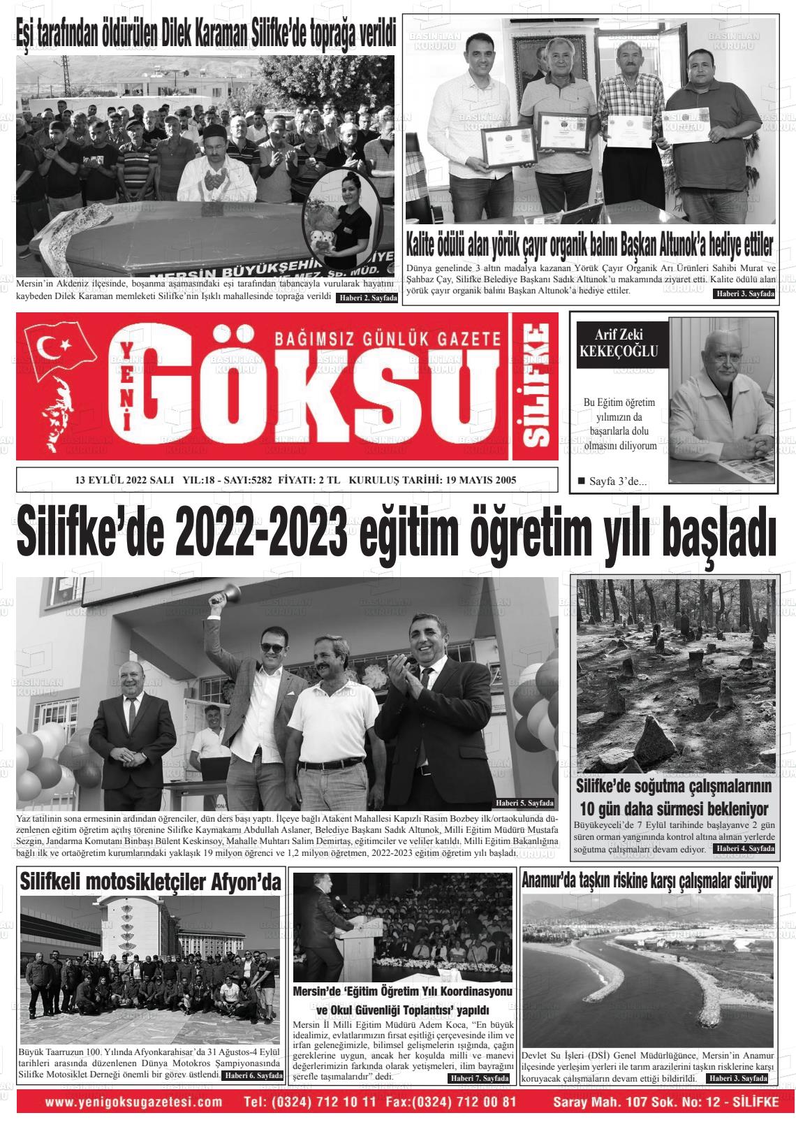 13 Eylül 2022 YENİ GÖKSU GAZETESİ Gazete Manşeti