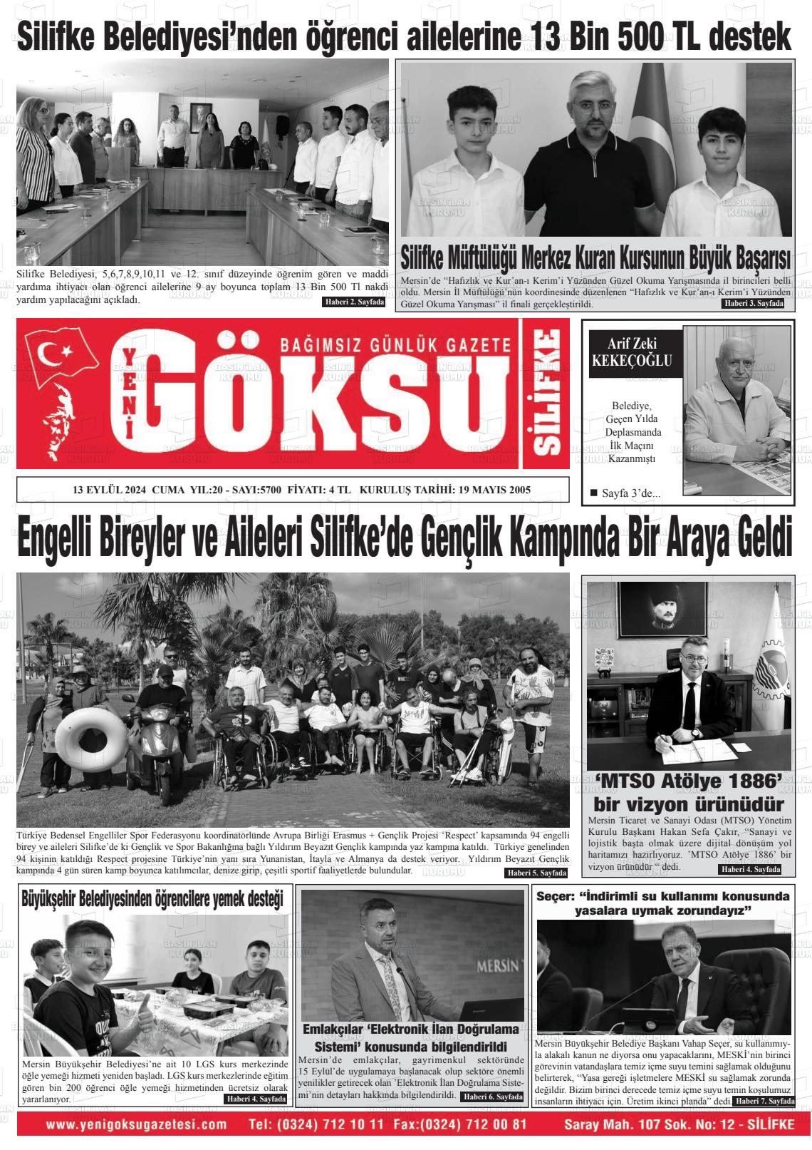 13 Eylül 2024 YENİ GÖKSU GAZETESİ Gazete Manşeti