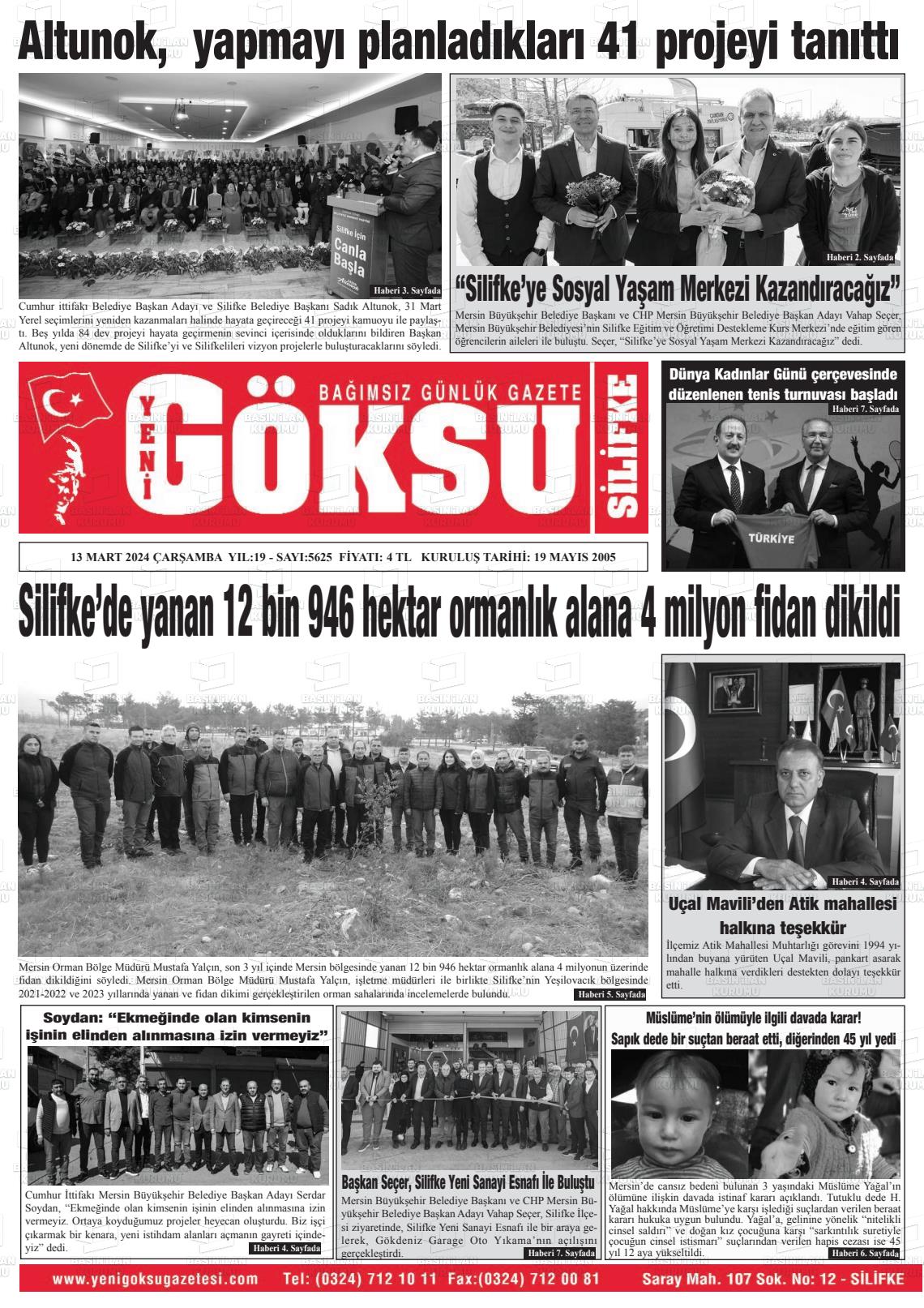 13 Mart 2024 YENİ GÖKSU GAZETESİ Gazete Manşeti