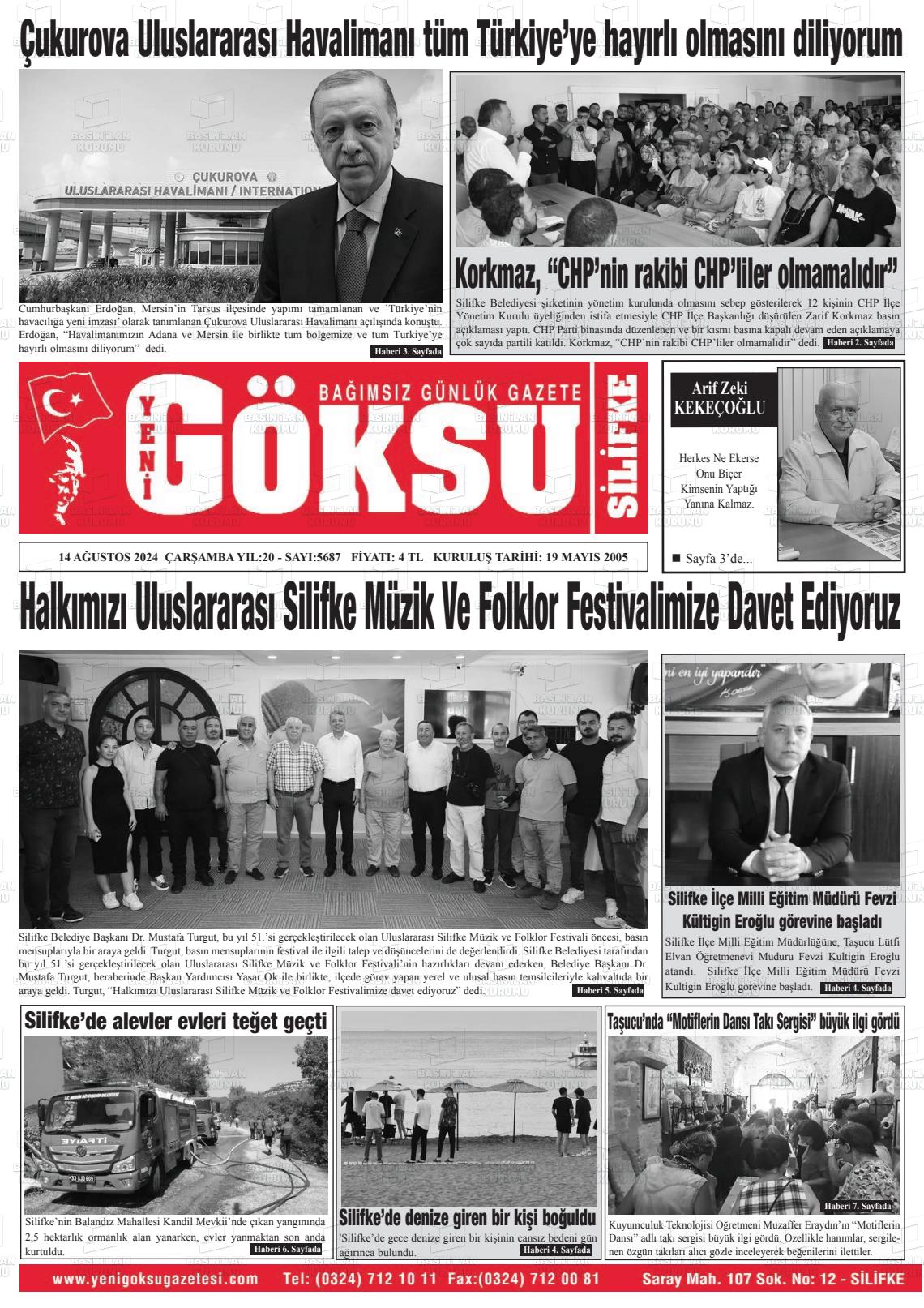 14 Ağustos 2024 YENİ GÖKSU GAZETESİ Gazete Manşeti