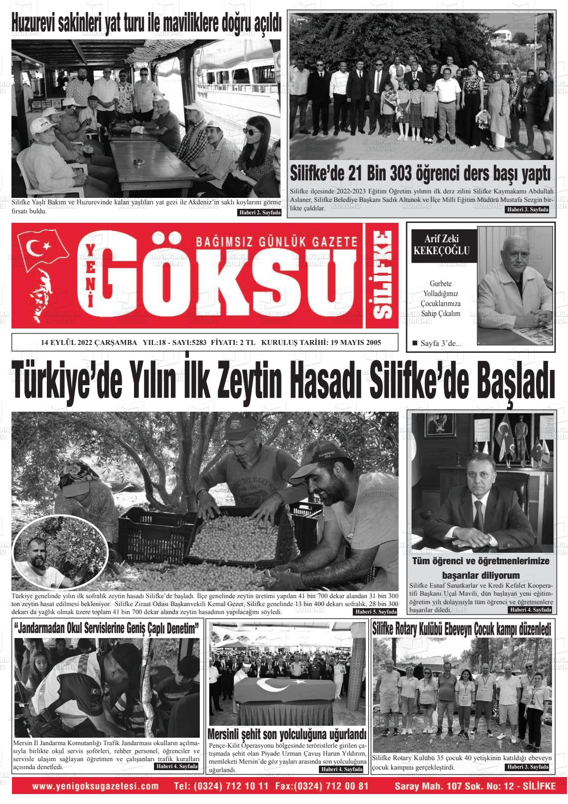 14 Eylül 2022 YENİ GÖKSU GAZETESİ Gazete Manşeti