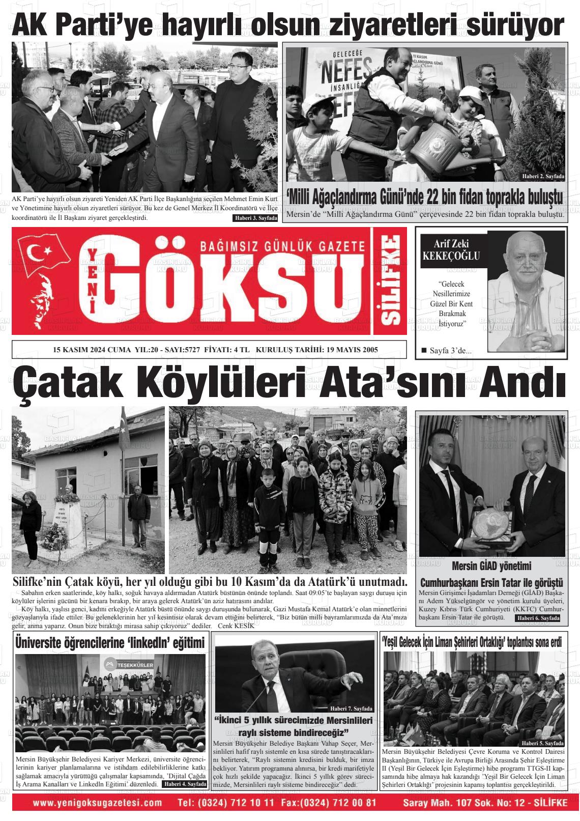 15 Kasım 2024 YENİ GÖKSU GAZETESİ Gazete Manşeti