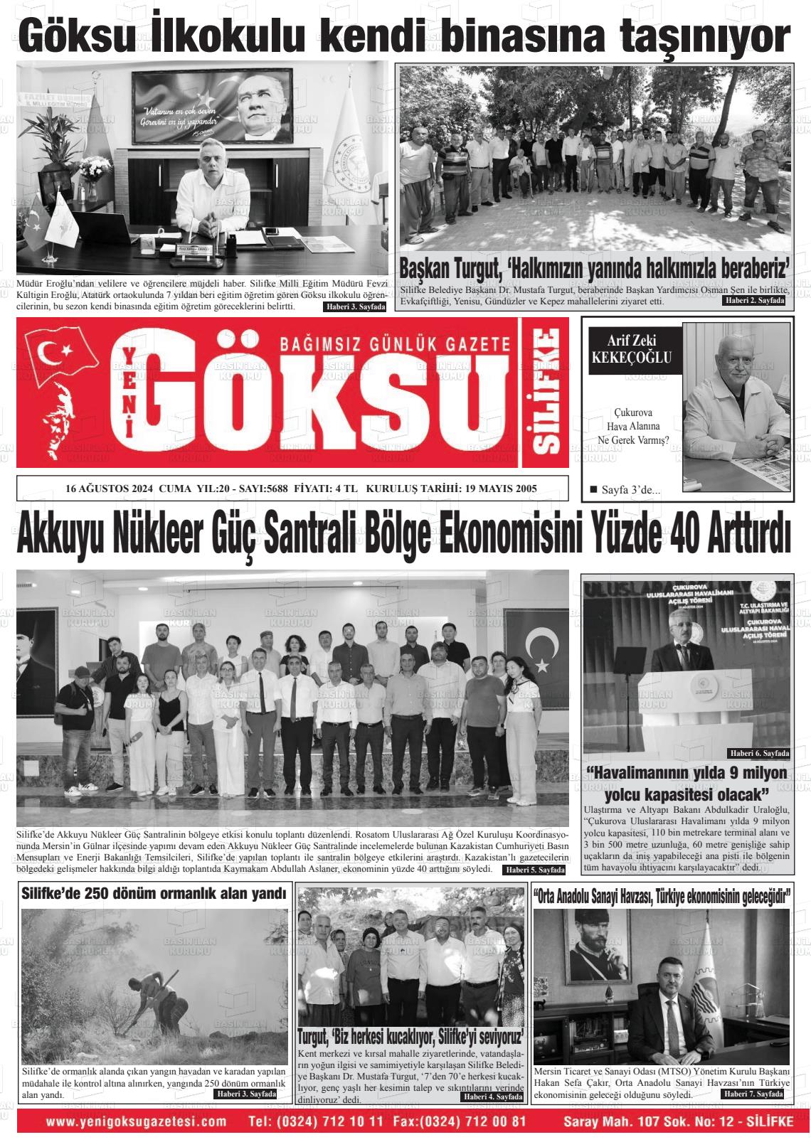 16 Ağustos 2024 YENİ GÖKSU GAZETESİ Gazete Manşeti