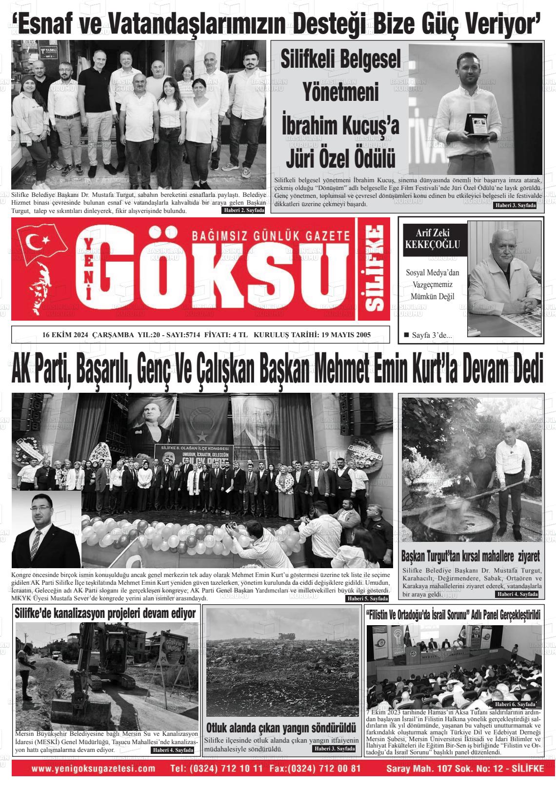 16 Ekim 2024 YENİ GÖKSU GAZETESİ Gazete Manşeti