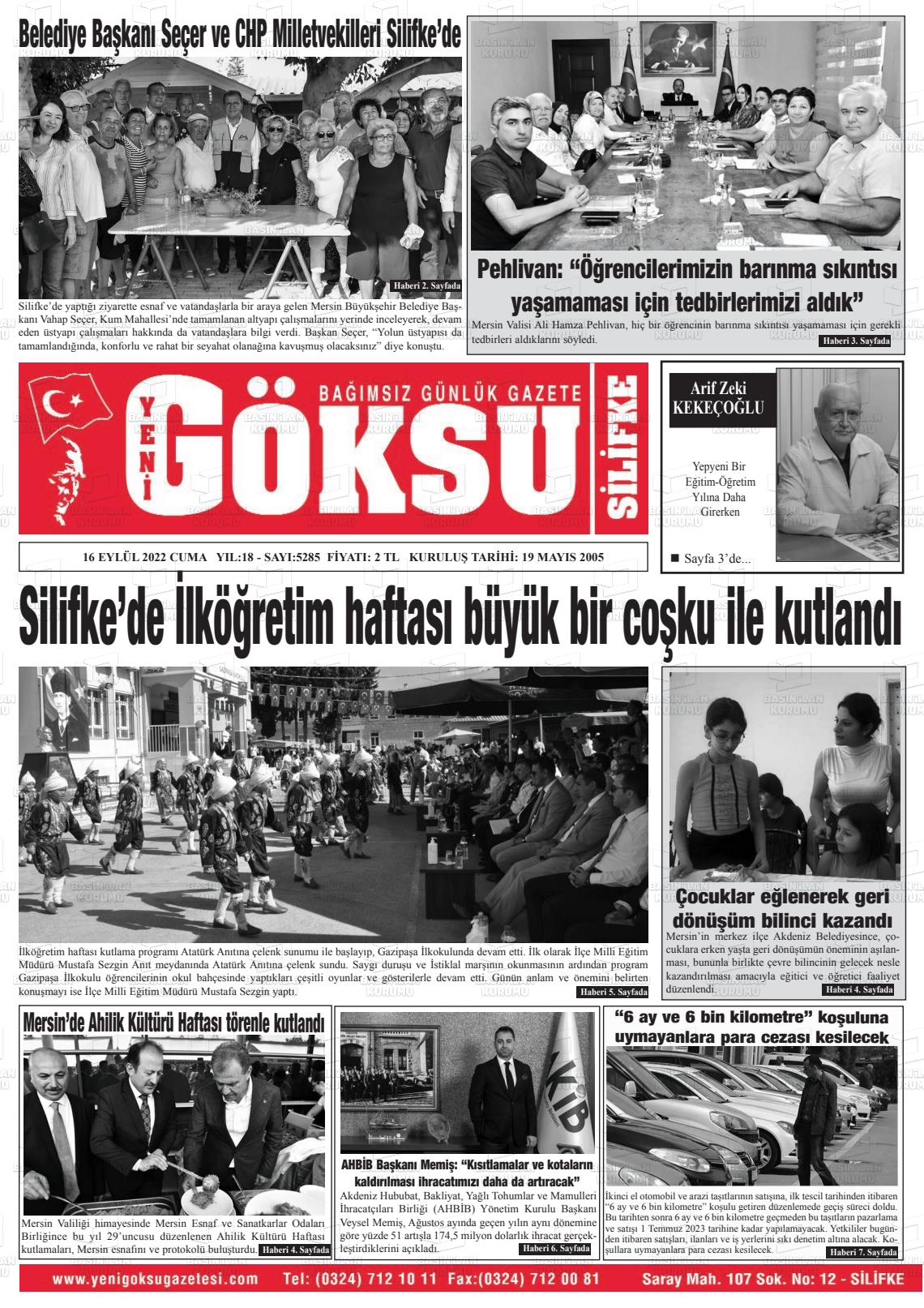 16 Eylül 2022 YENİ GÖKSU GAZETESİ Gazete Manşeti