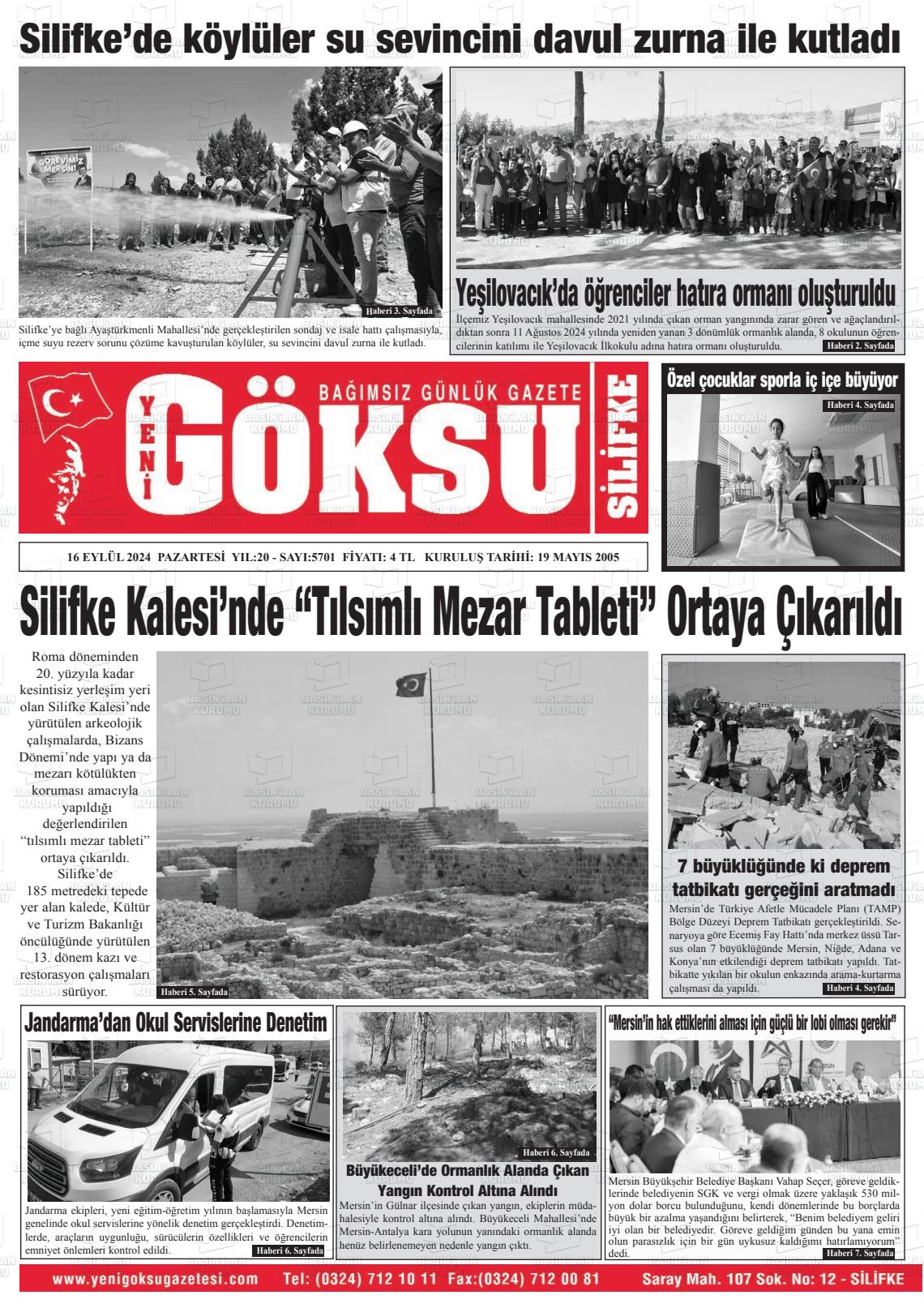 16 Eylül 2024 YENİ GÖKSU GAZETESİ Gazete Manşeti