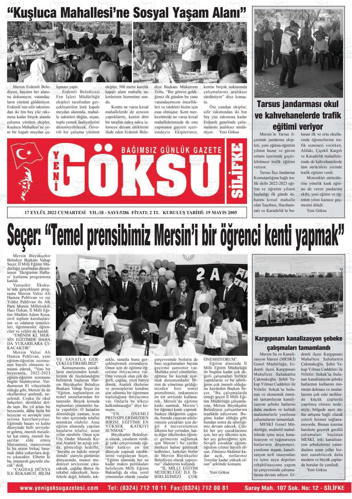 15 Kasım 2022 YENİ GÖKSU GAZETESİ Gazete Manşeti