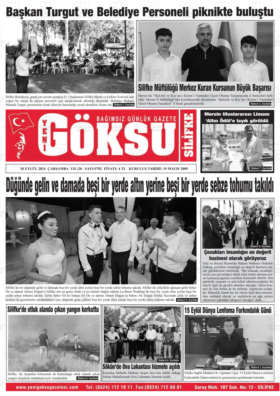 18 Eylül 2024 YENİ GÖKSU GAZETESİ Gazete Manşeti