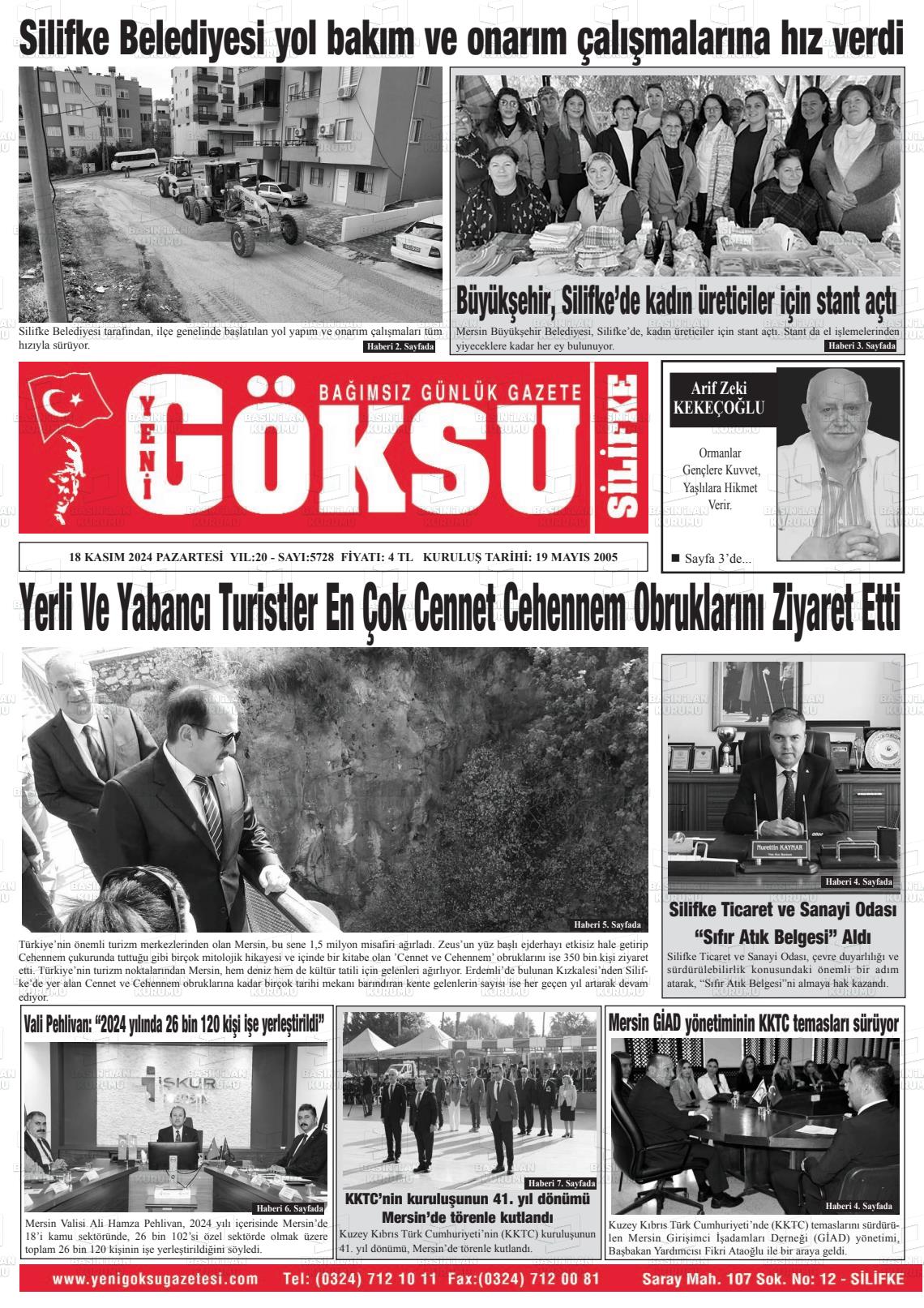 18 Kasım 2024 YENİ GÖKSU GAZETESİ Gazete Manşeti