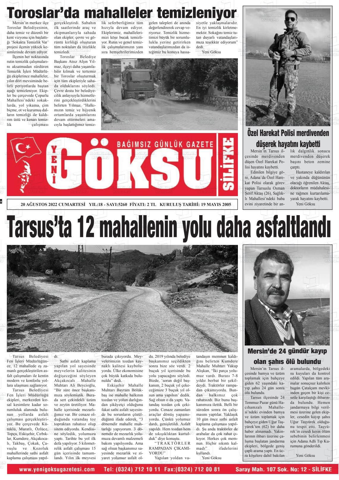 18 Ekim 2022 YENİ GÖKSU GAZETESİ Gazete Manşeti