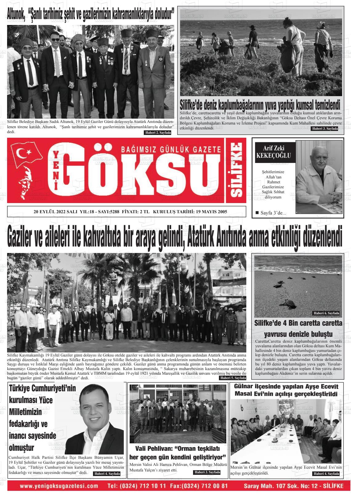 20 Eylül 2022 YENİ GÖKSU GAZETESİ Gazete Manşeti