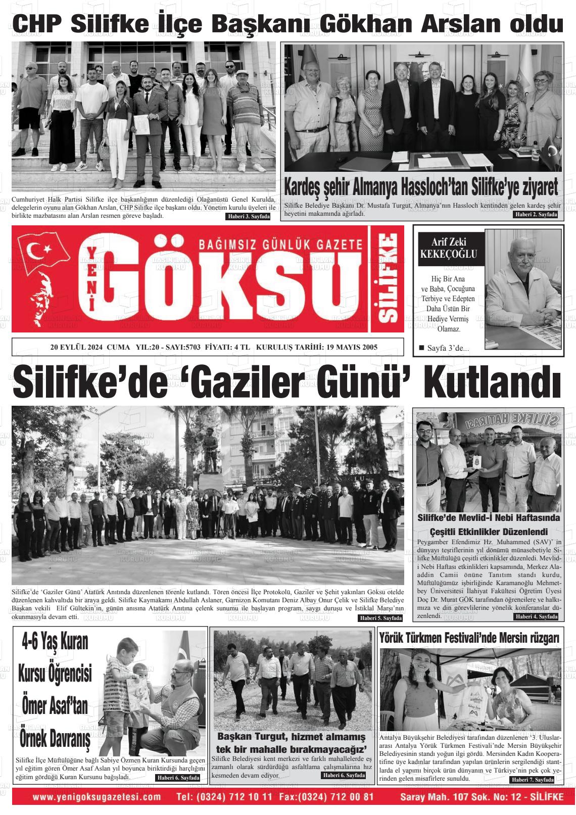 20 Eylül 2024 YENİ GÖKSU GAZETESİ Gazete Manşeti