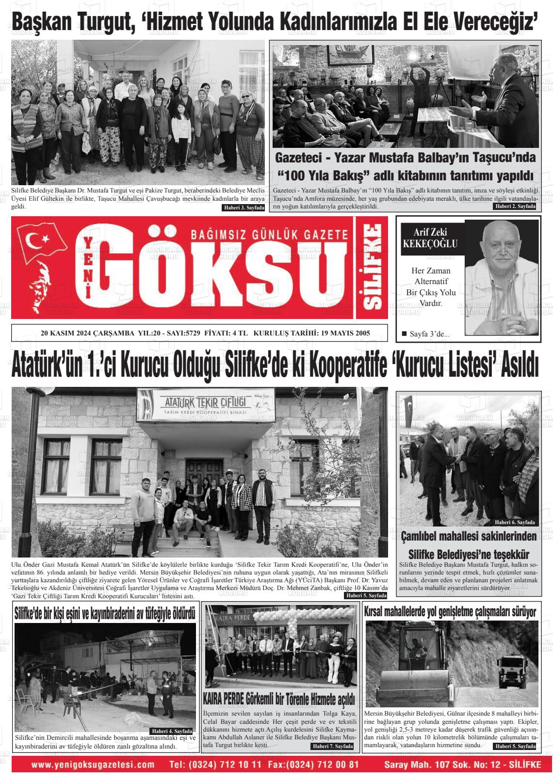 20 Kasım 2024 YENİ GÖKSU GAZETESİ Gazete Manşeti