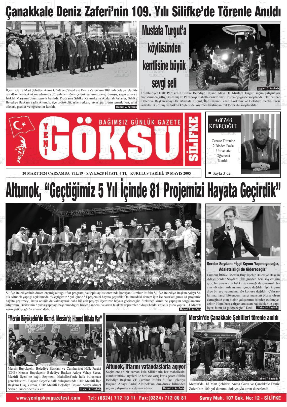 20 Mart 2024 YENİ GÖKSU GAZETESİ Gazete Manşeti