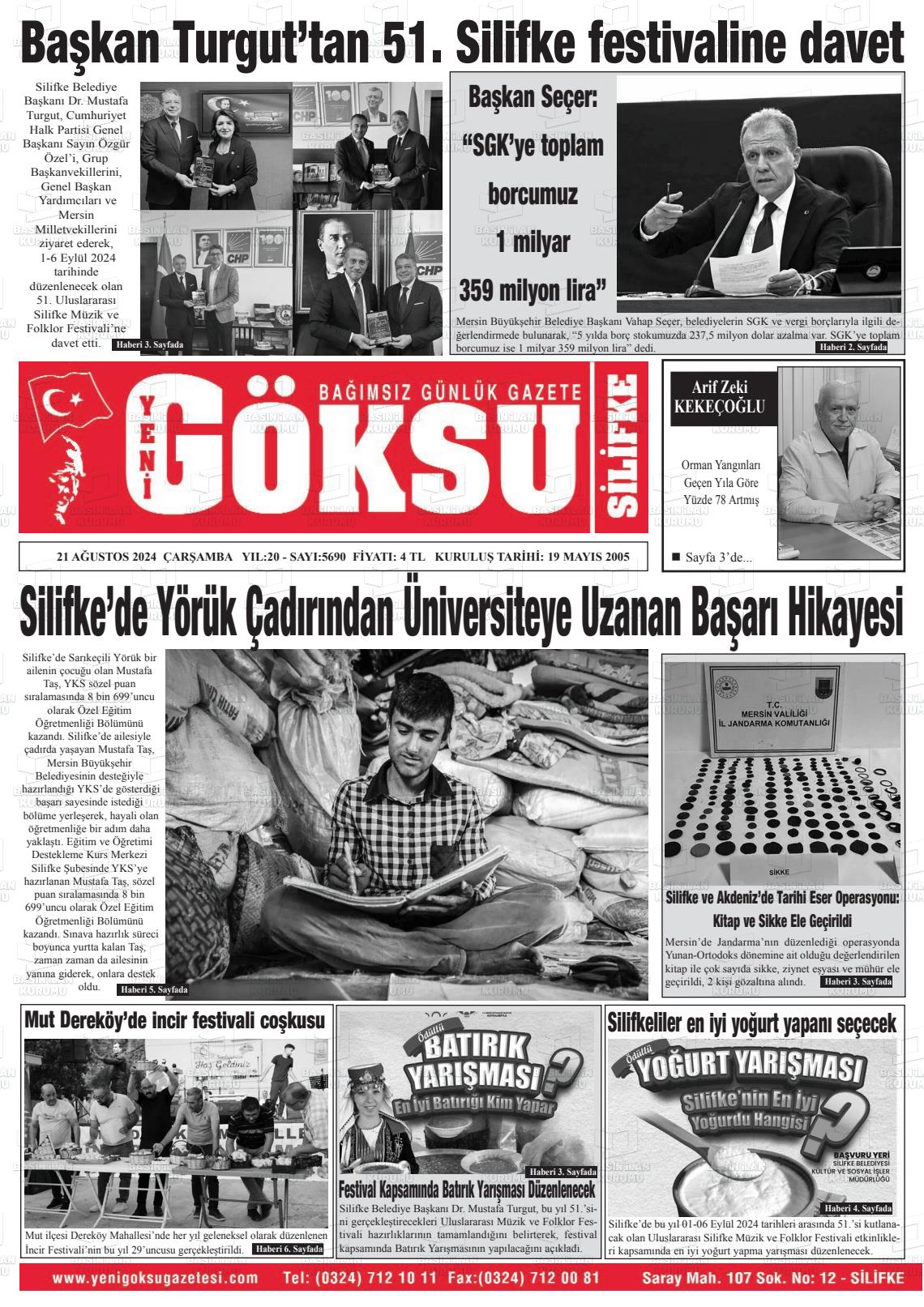 21 Ağustos 2024 YENİ GÖKSU GAZETESİ Gazete Manşeti