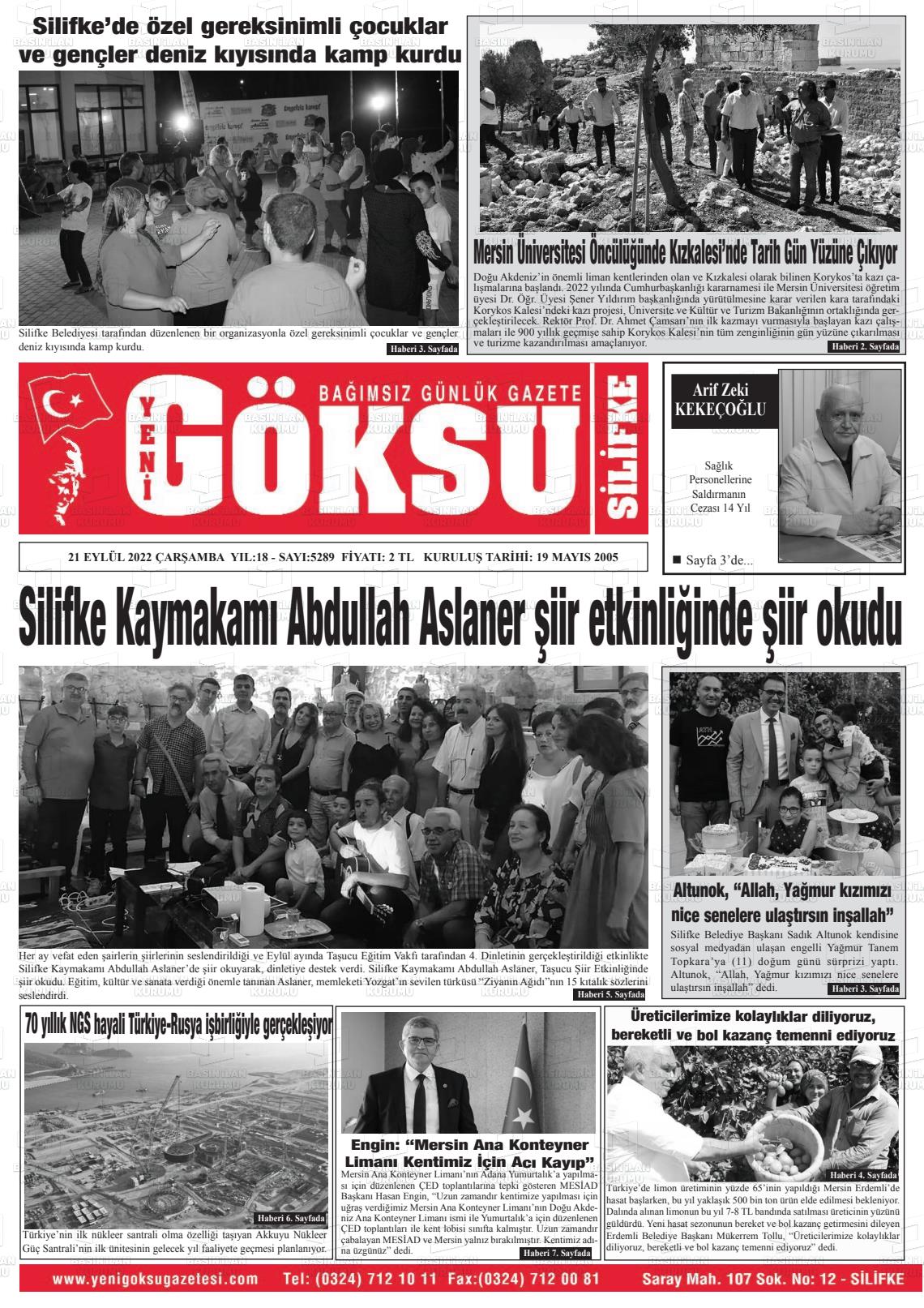 19 Kasım 2022 YENİ GÖKSU GAZETESİ Gazete Manşeti