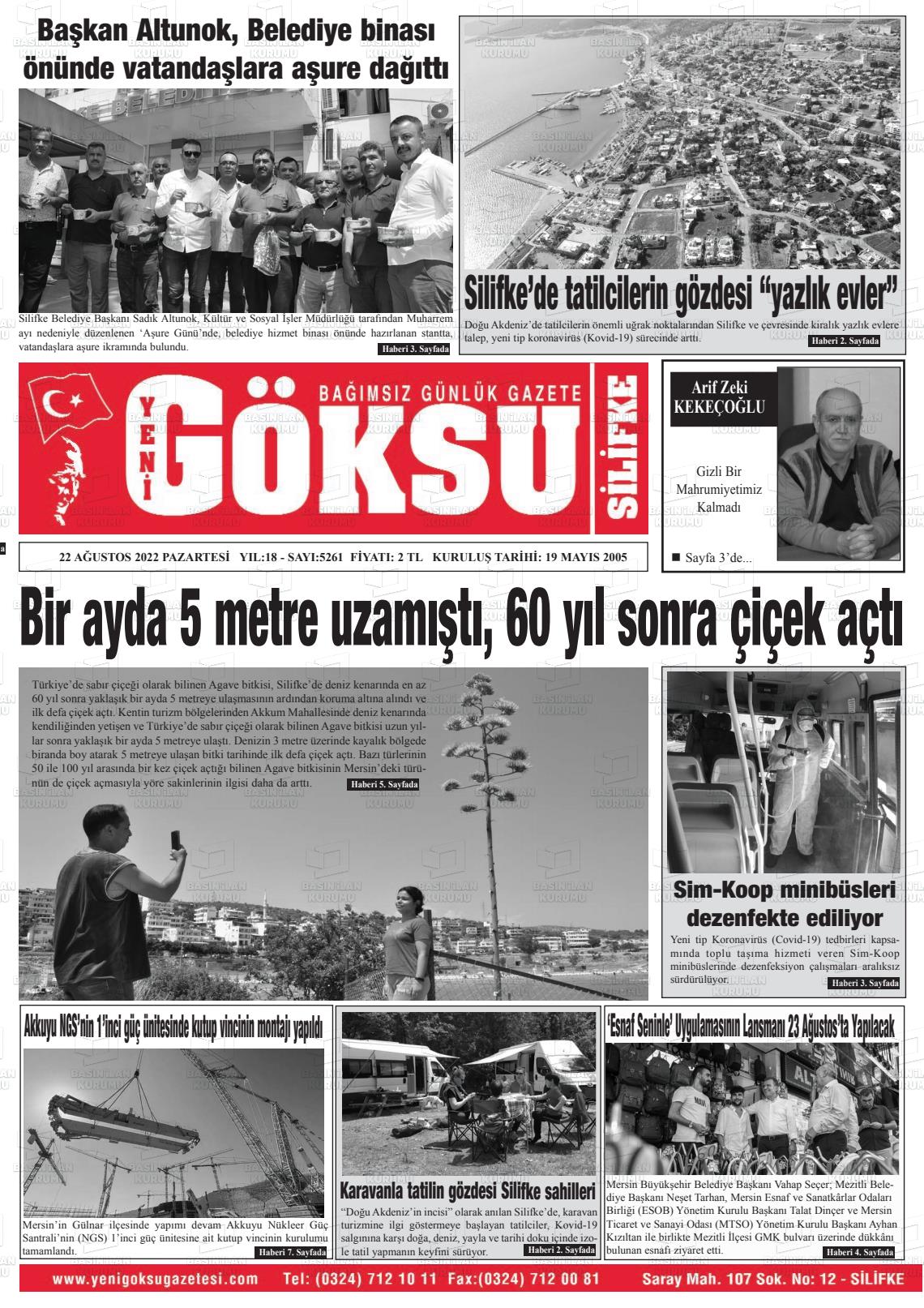 23 Ağustos 2022 YENİ GÖKSU GAZETESİ Gazete Manşeti