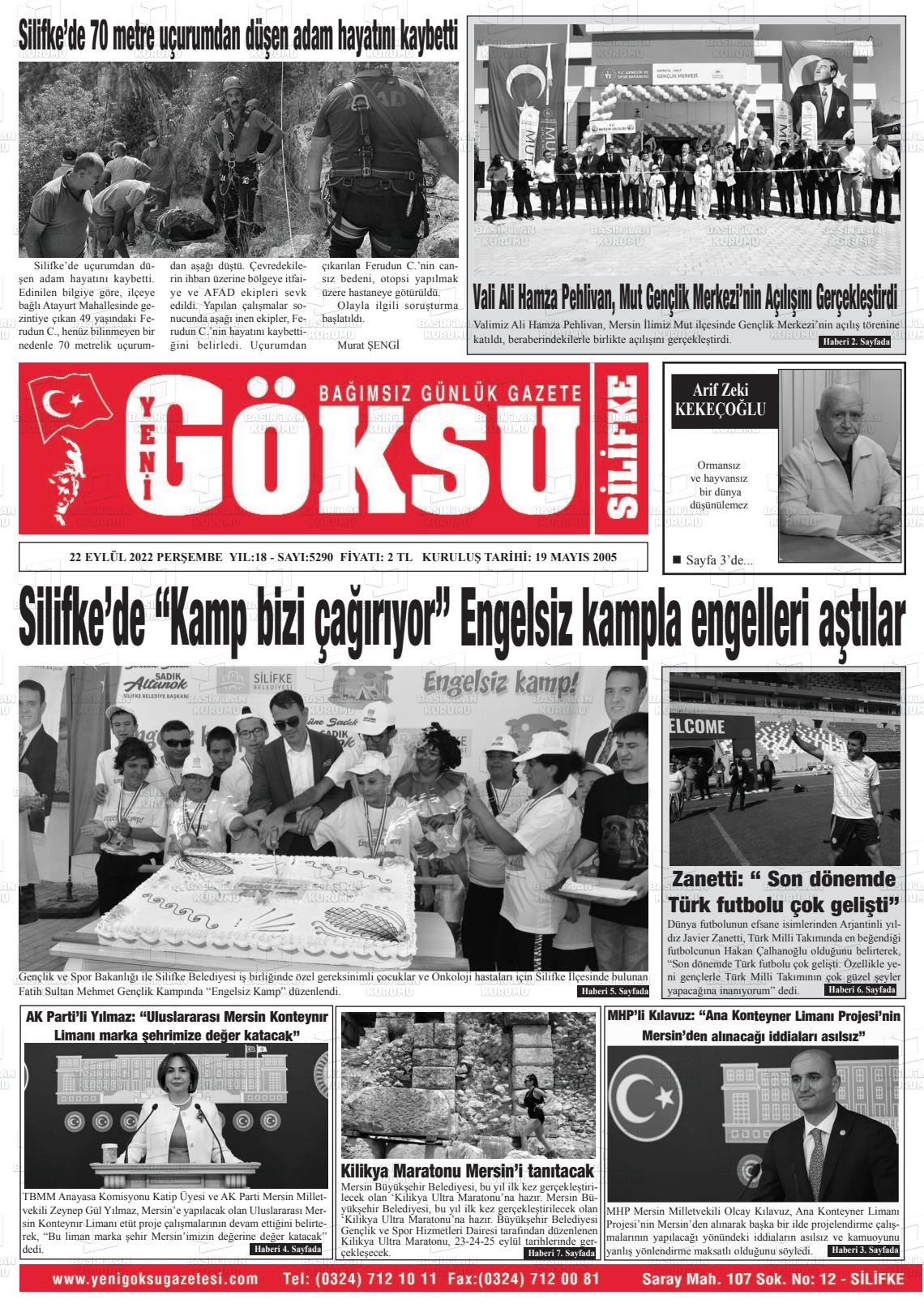 22 Eylül 2022 YENİ GÖKSU GAZETESİ Gazete Manşeti