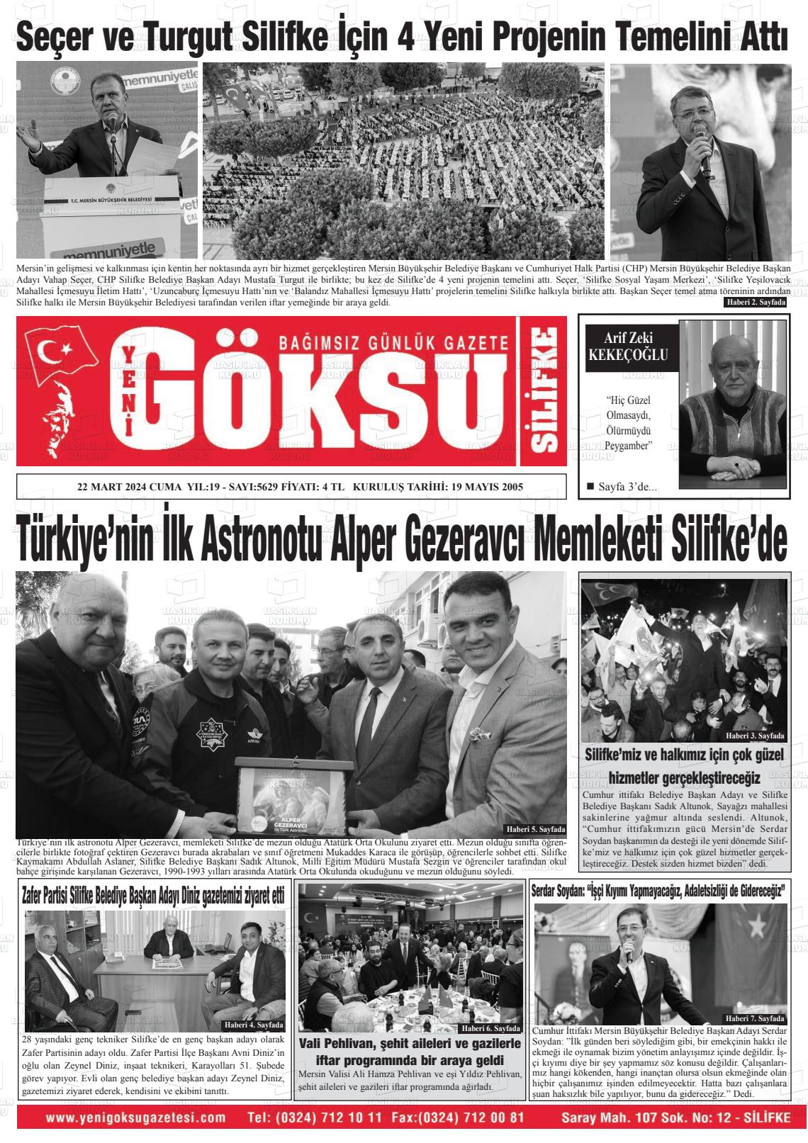 22 Mart 2024 YENİ GÖKSU GAZETESİ Gazete Manşeti