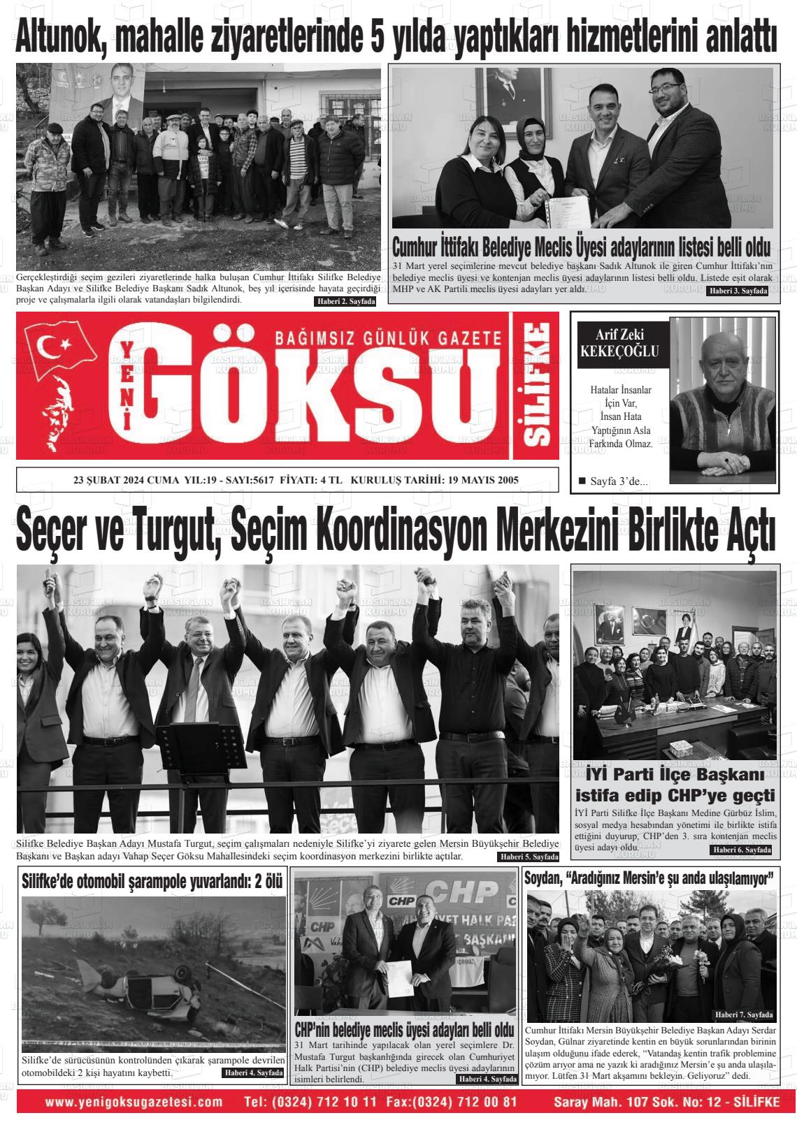 23 Şubat 2024 YENİ GÖKSU GAZETESİ Gazete Manşeti