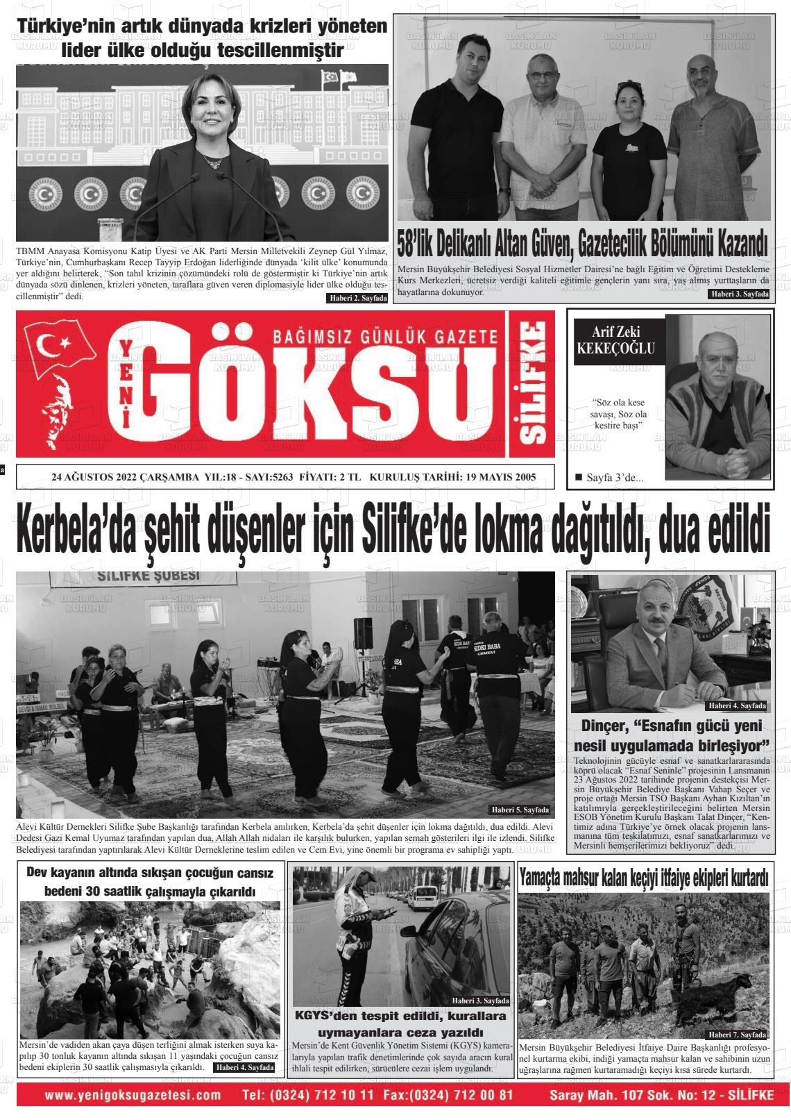 24 Ağustos 2022 YENİ GÖKSU GAZETESİ Gazete Manşeti