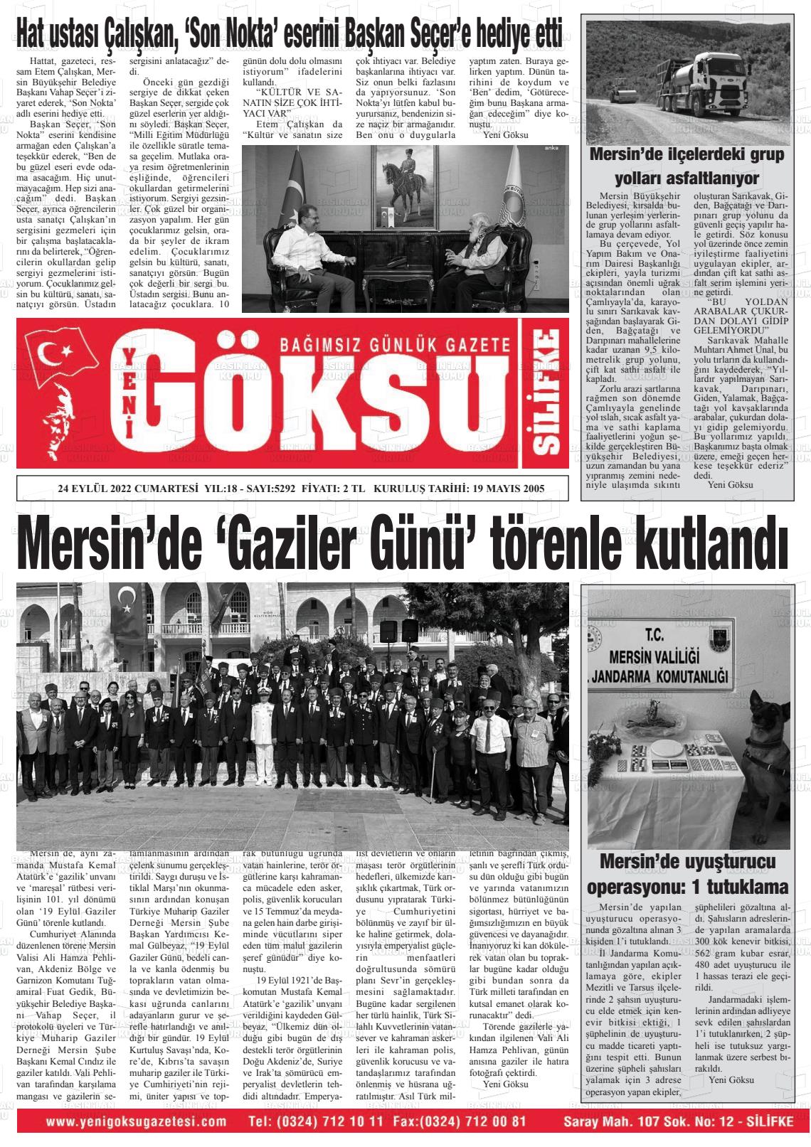 24 Eylül 2022 YENİ GÖKSU GAZETESİ Gazete Manşeti