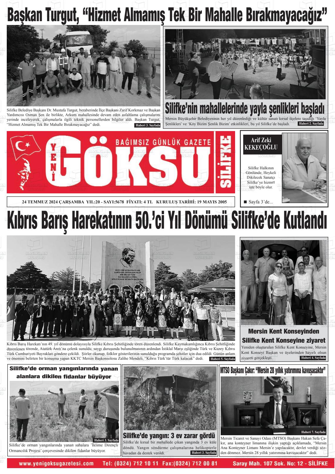 24 Temmuz 2024 YENİ GÖKSU GAZETESİ Gazete Manşeti